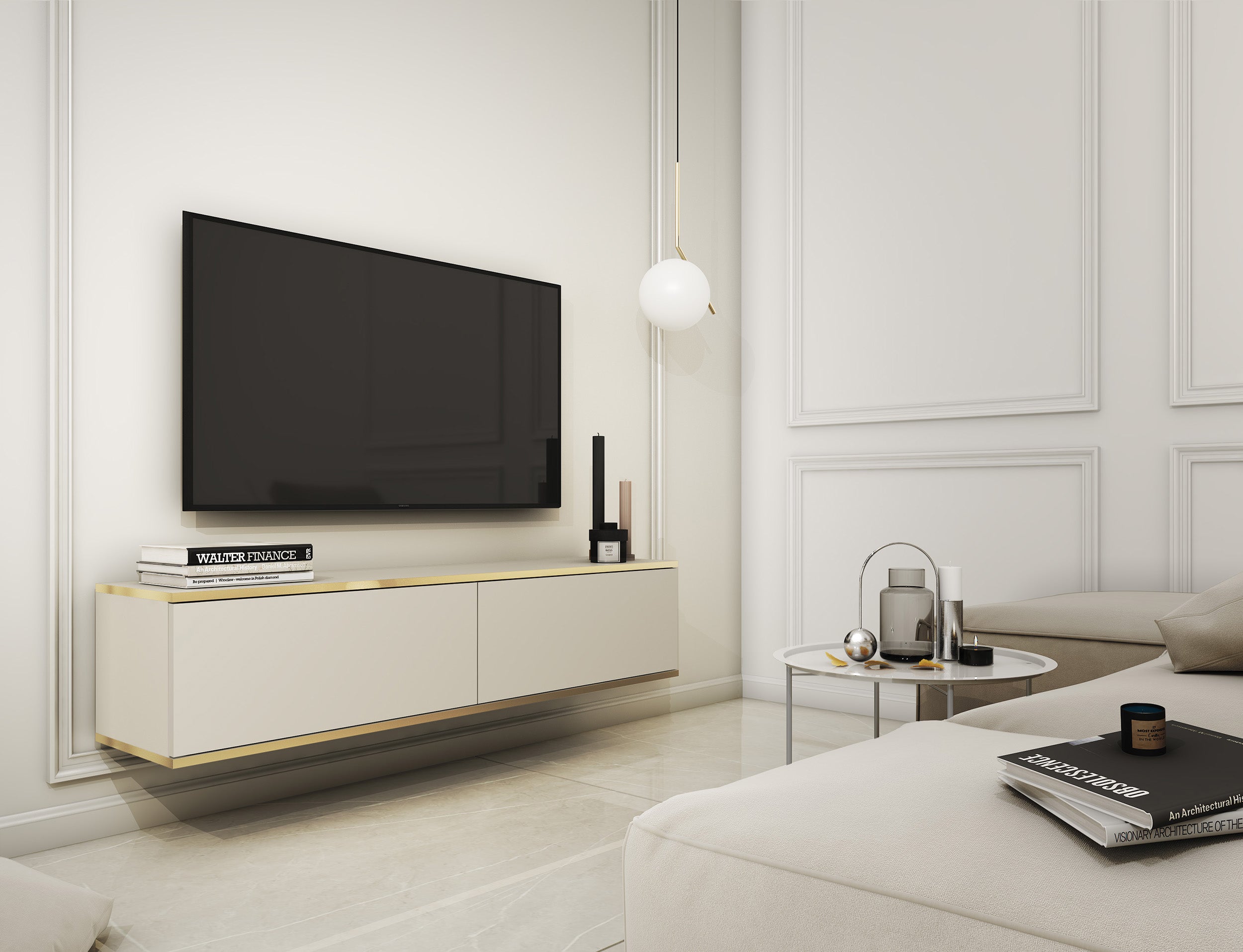 TV-Schrank Mucalma 135 cm beige mit goldenen Einsätzen