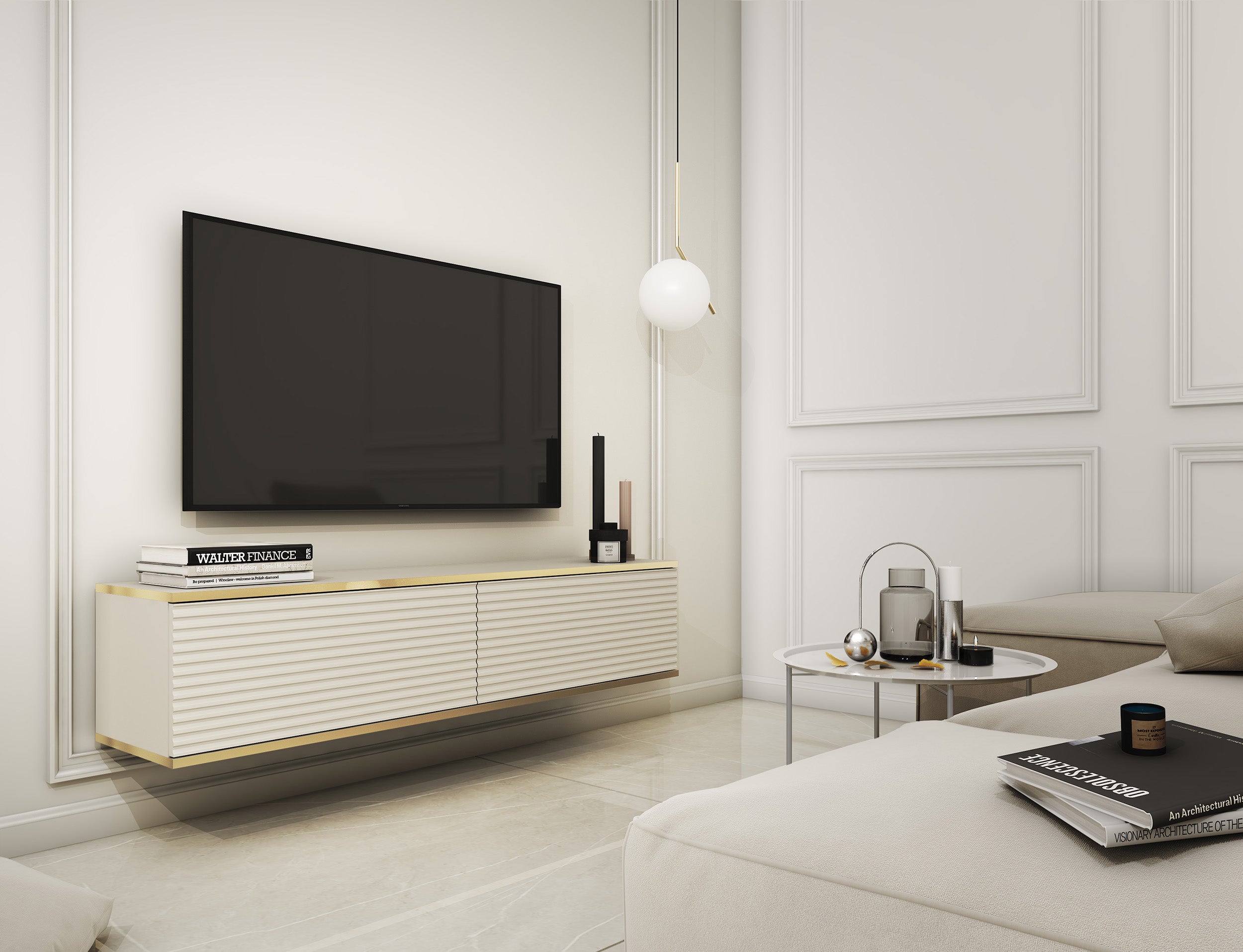 TV-Schrank Mucalma 135 cm beige mit goldenen Lamellen-Akzenten