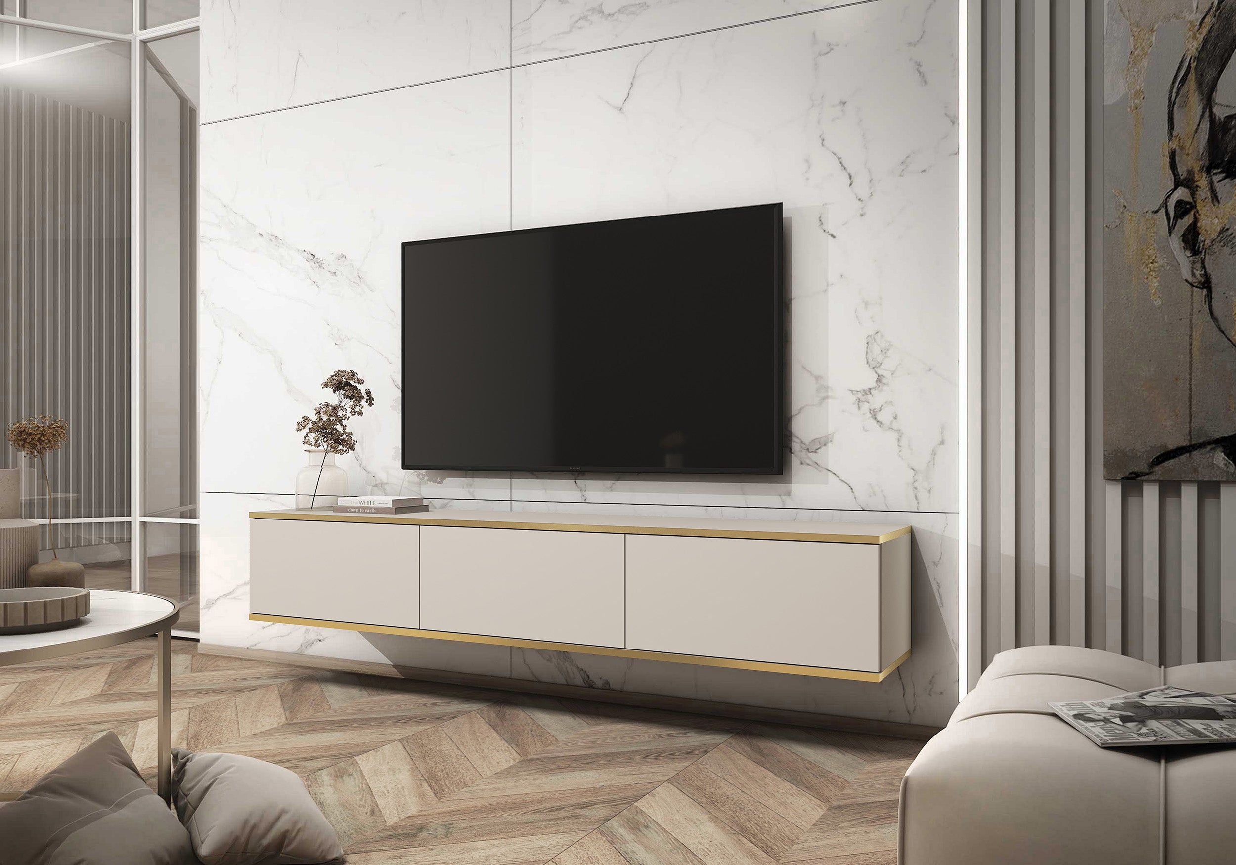 TV-Schrank Mucalma 175 cm beige mit goldenen Einsätzen