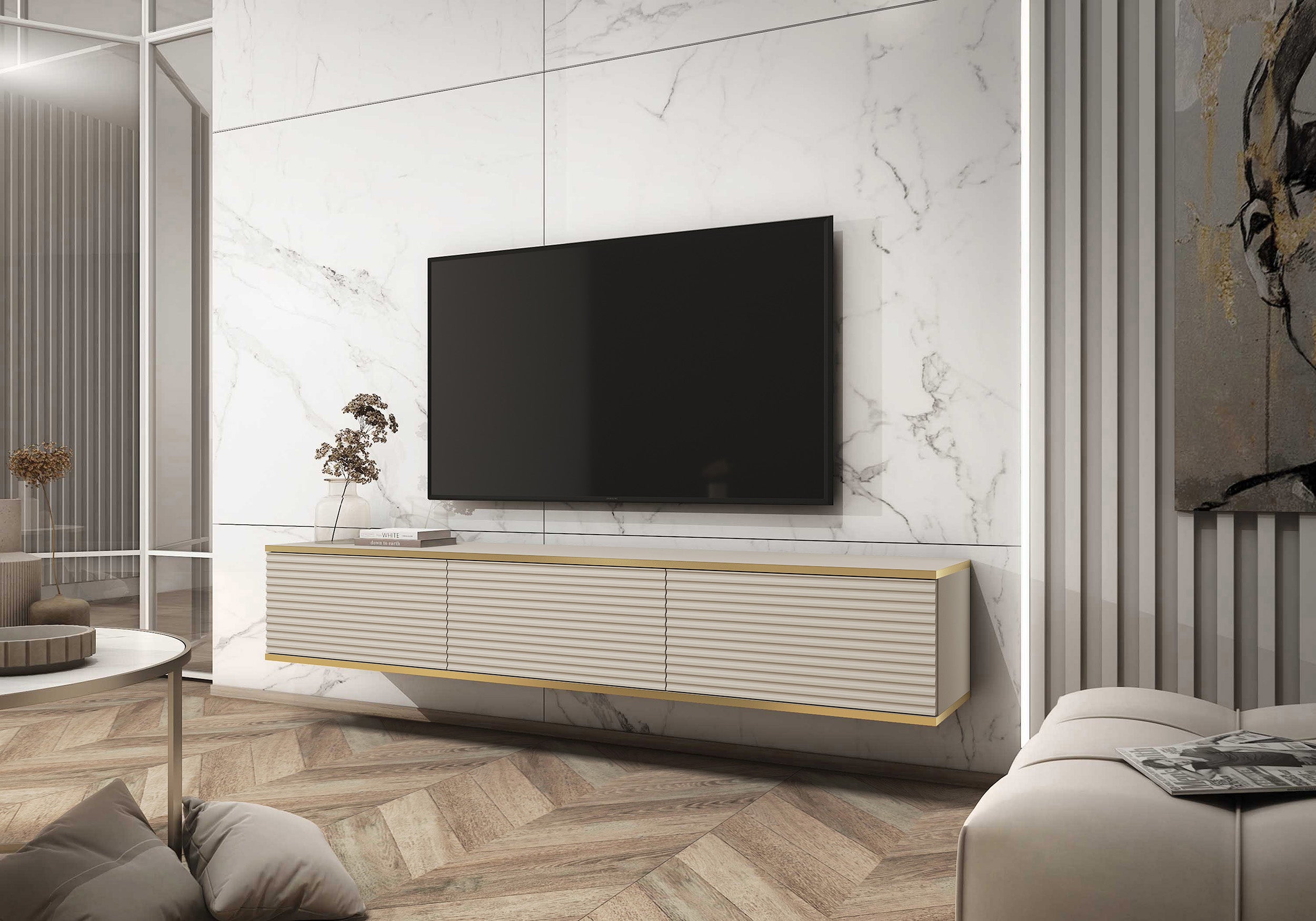 TV-Schrank Mucalma 175 cm beige mit goldenen Lamellen-Akzenten