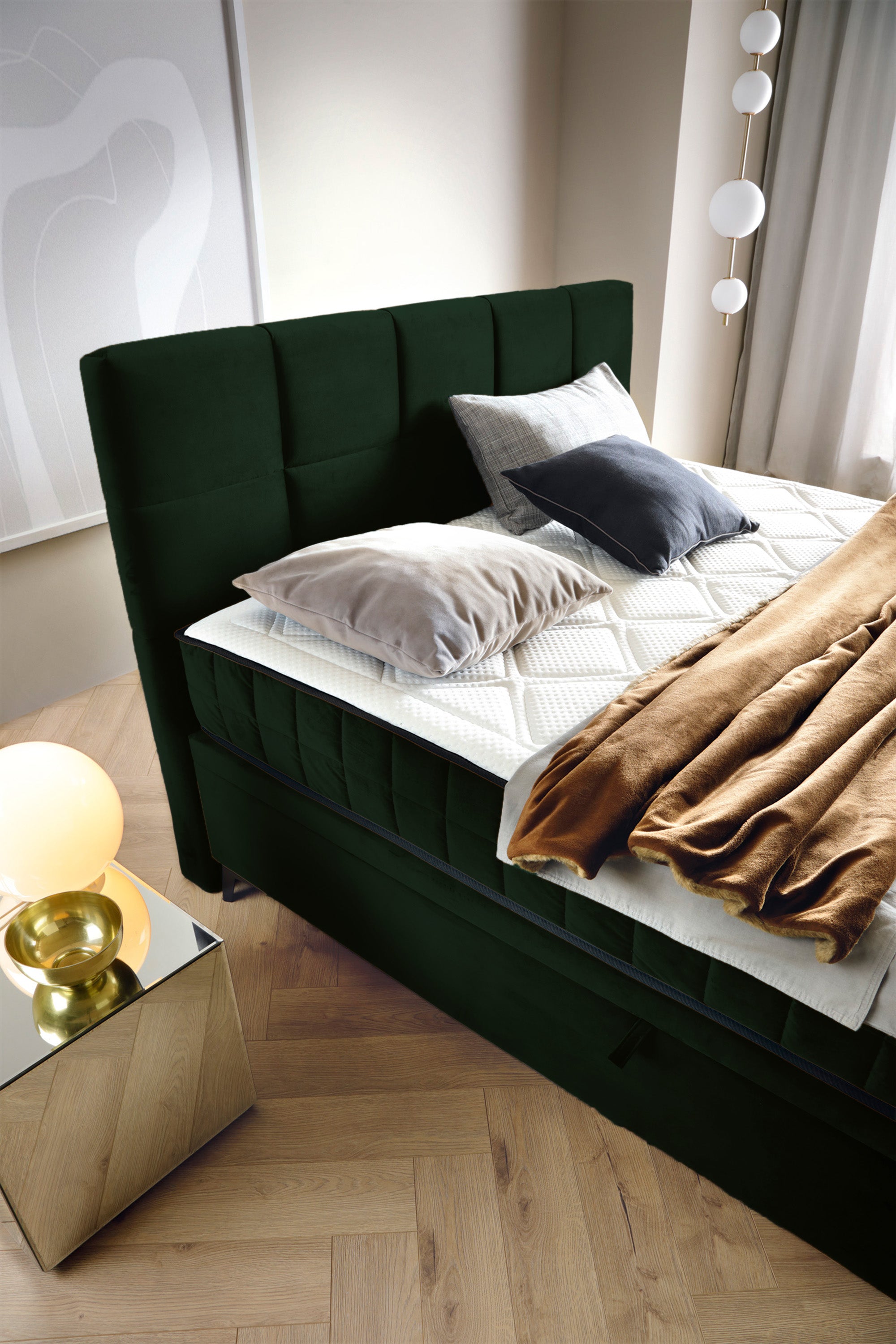 Kontinentales Bett 180x200 cm Beriano mit Stauraum und Matratze, Flaschengrün Samt