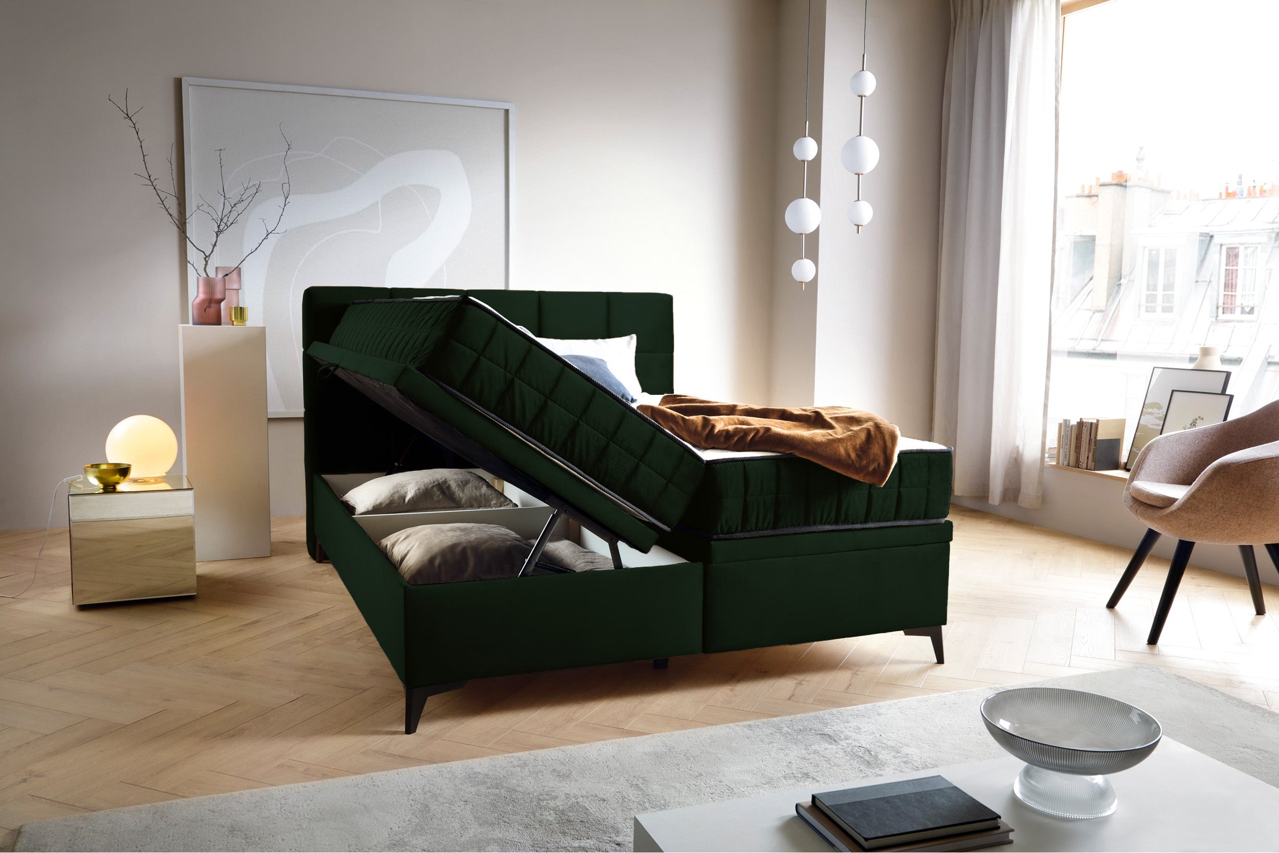 Kontinentales Bett 180x200 cm Beriano mit Stauraum und Matratze, Flaschengrün Samt