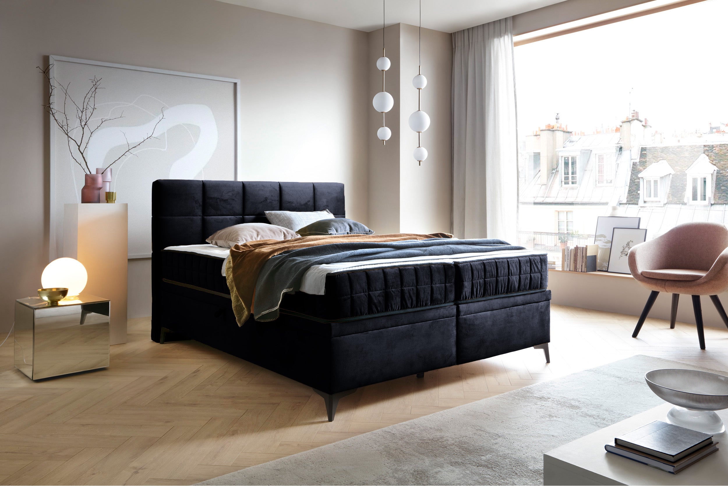 Kontinentales Bett 160x200 cm Beriano mit Stauraum und Matratze, dunkelblauer Samt