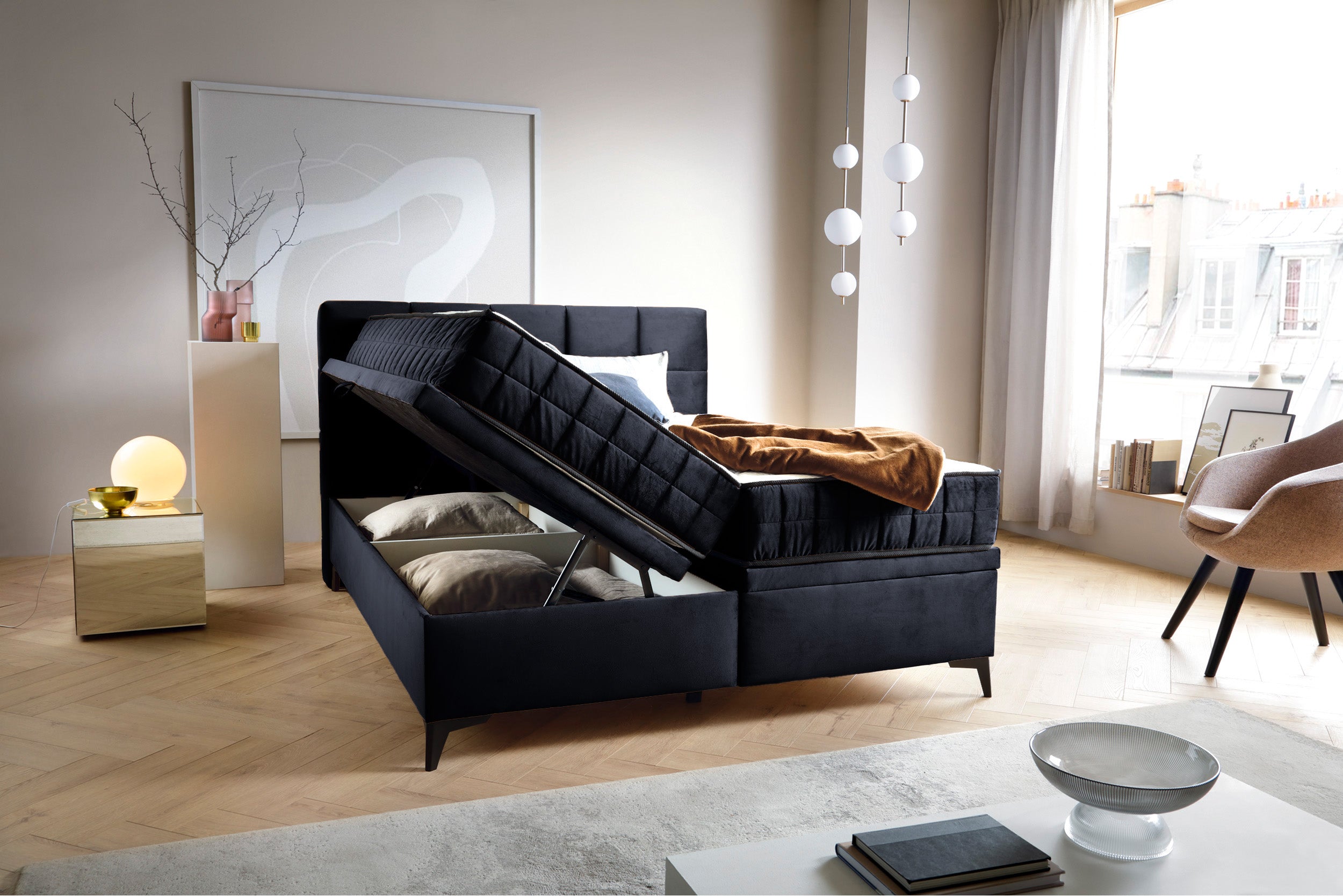 Kontinentales Bett 160x200 cm Beriano mit Stauraum und Matratze, dunkelblauer Samt