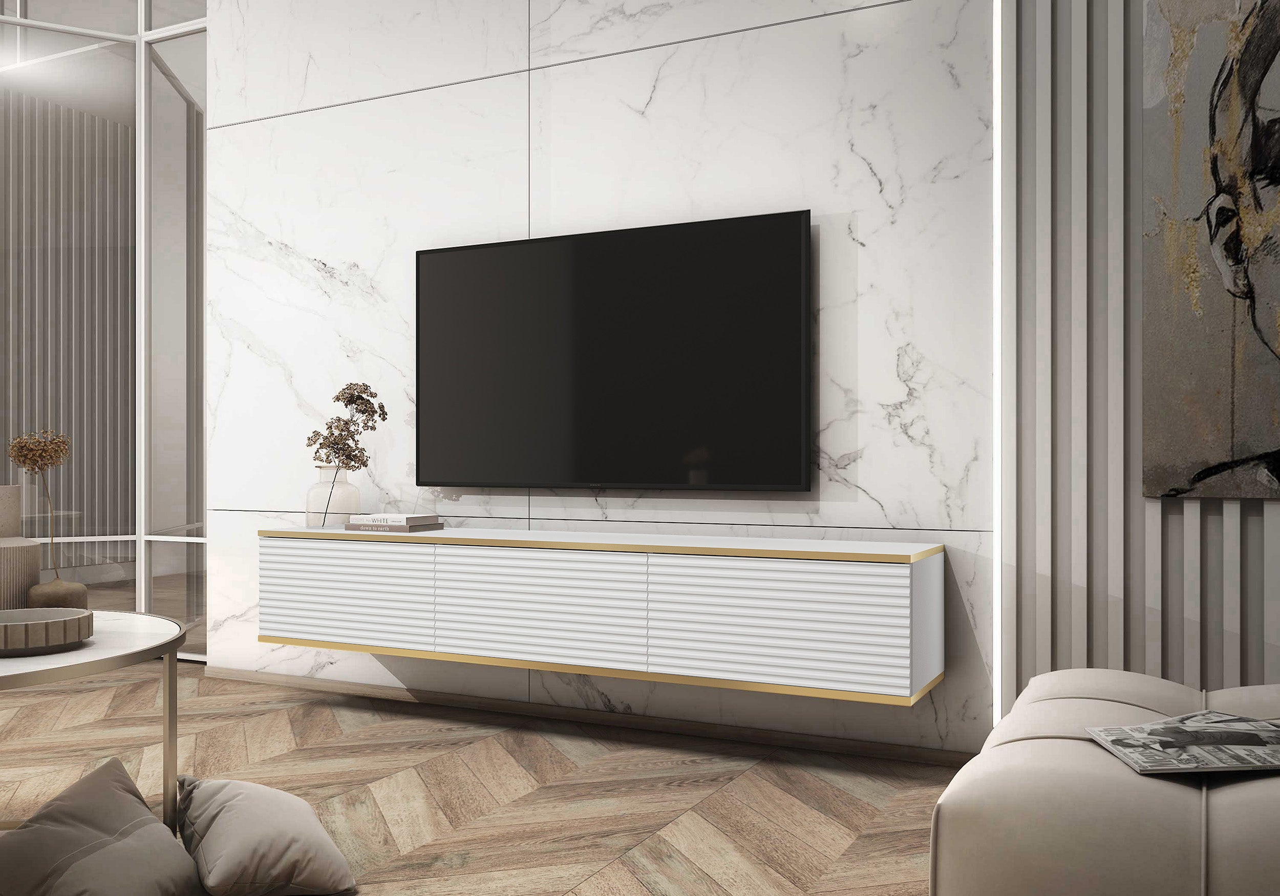 TV-Schrank Mucalma 175 cm weiß mit goldenen Lamellenakzenten