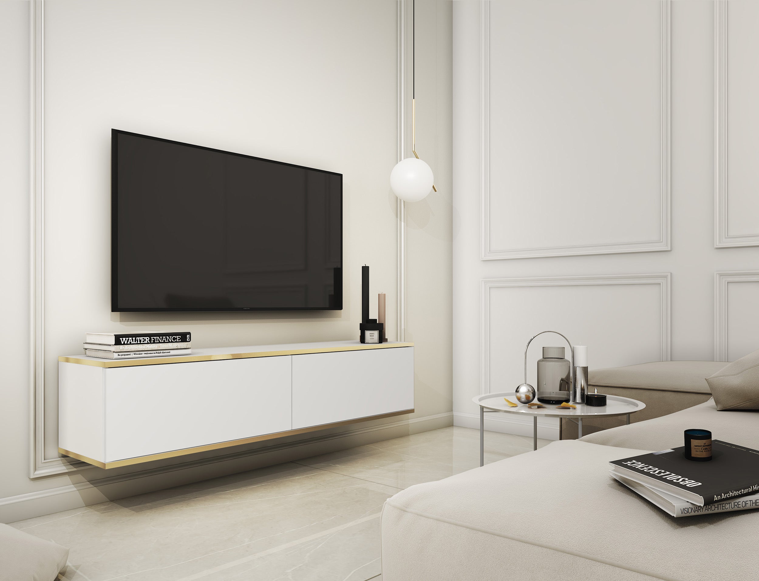 TV-Schrank Mucalma 135 cm weiß mit goldenen Applikationen
