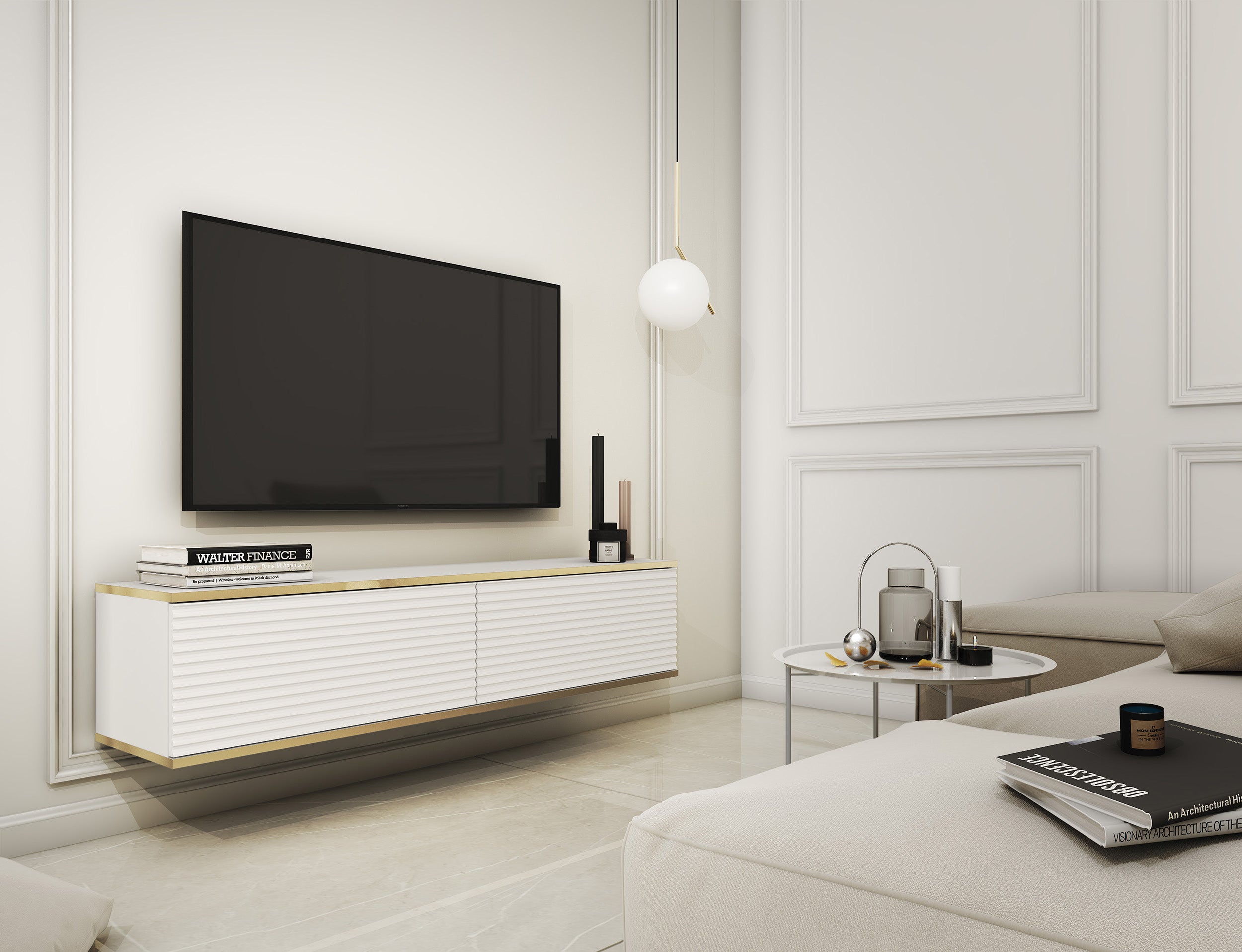 TV-Schrank Mucalma 135 cm weiß mit goldenen Lamellen-Akzenten