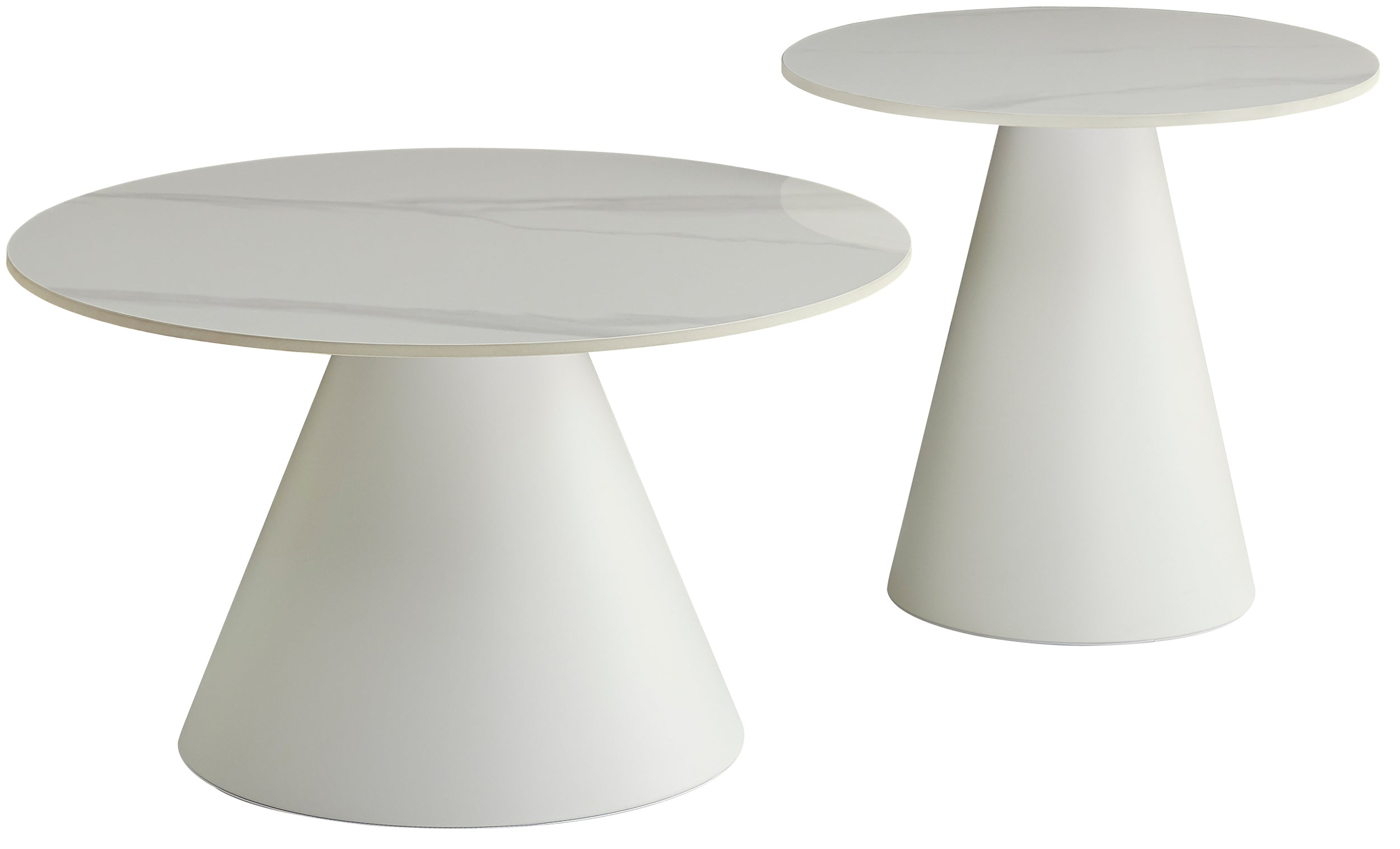 Blonco runde Couchtisch-Sets 50 und 70 cm weiß mit Steinplatte und Metallgestell