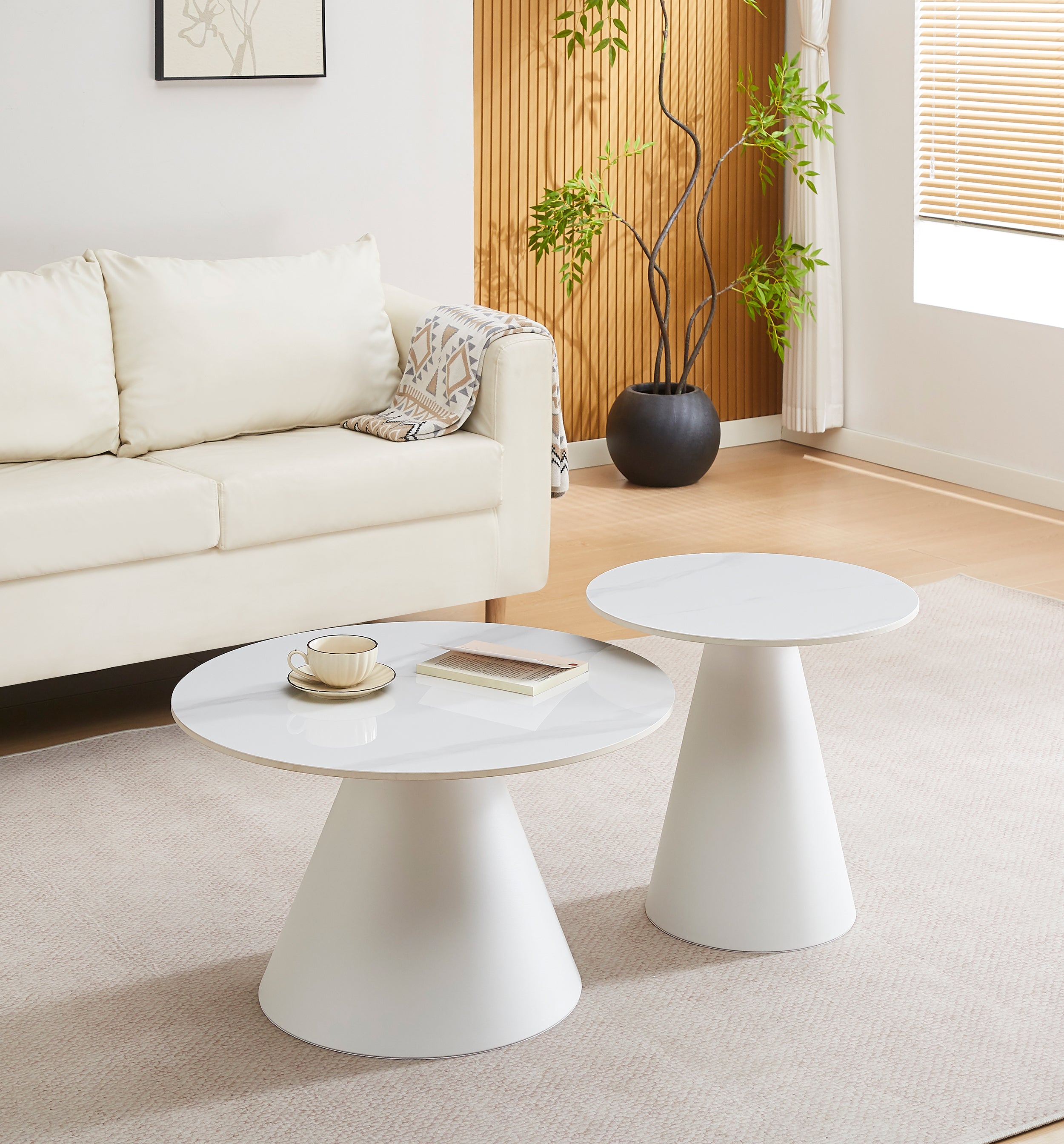 Blonco runde Couchtisch-Sets 50 und 70 cm weiß mit Steinplatte und Metallgestell