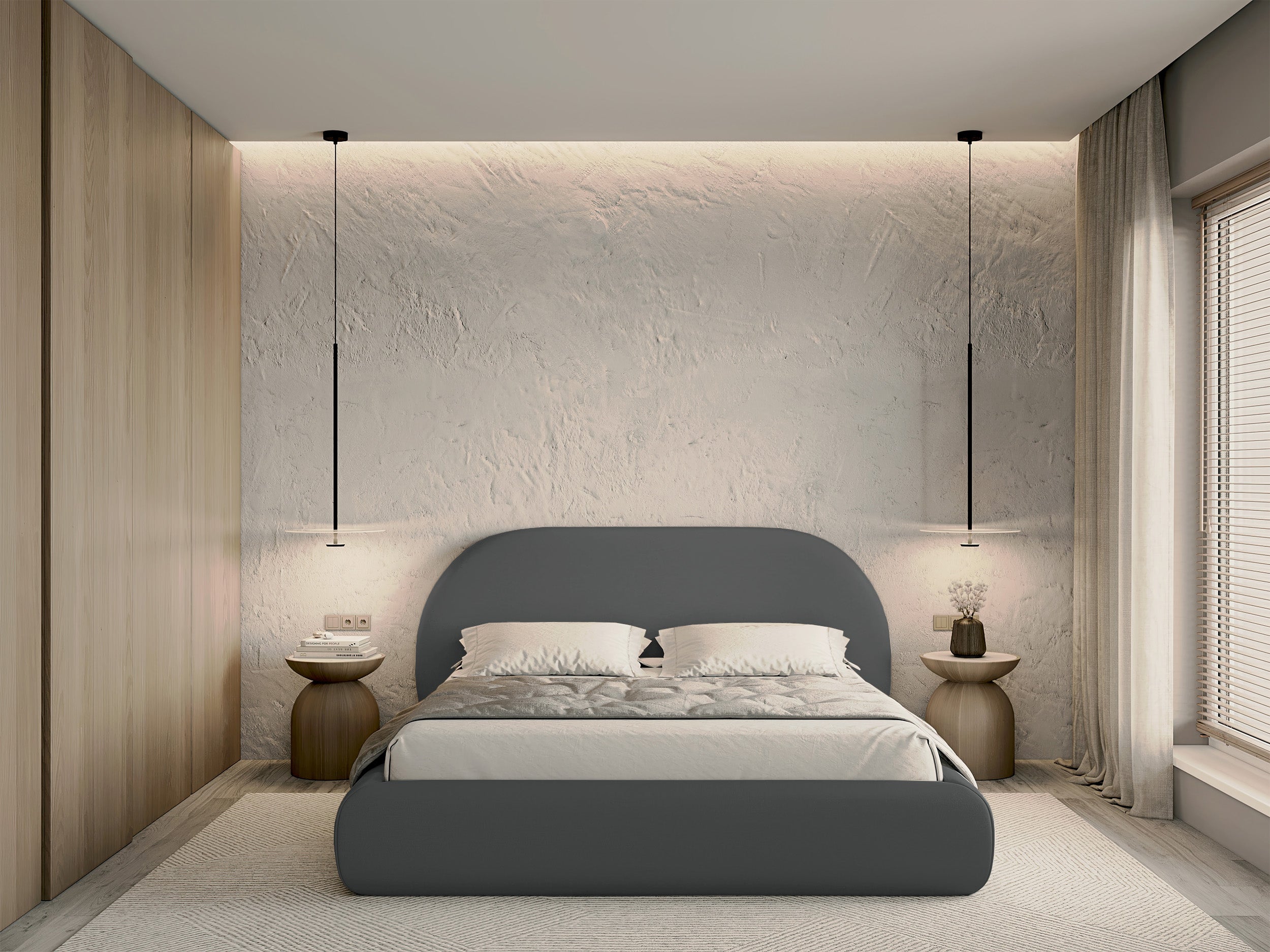 Gepolstertes Bett 160x200 cm Buvio mit Stauraum, Metallrahmen, grauer Chenille-Stoff