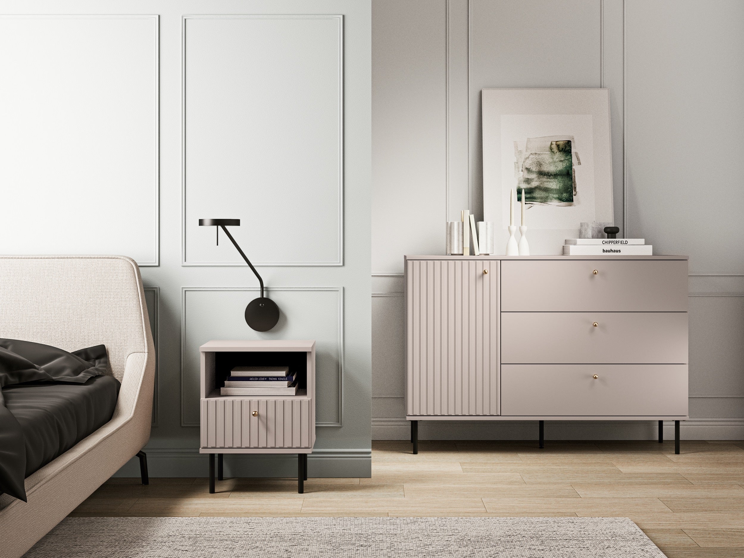 Nachttisch Caletto mit Schublade 40 cm, dekorative Lamellen, beige