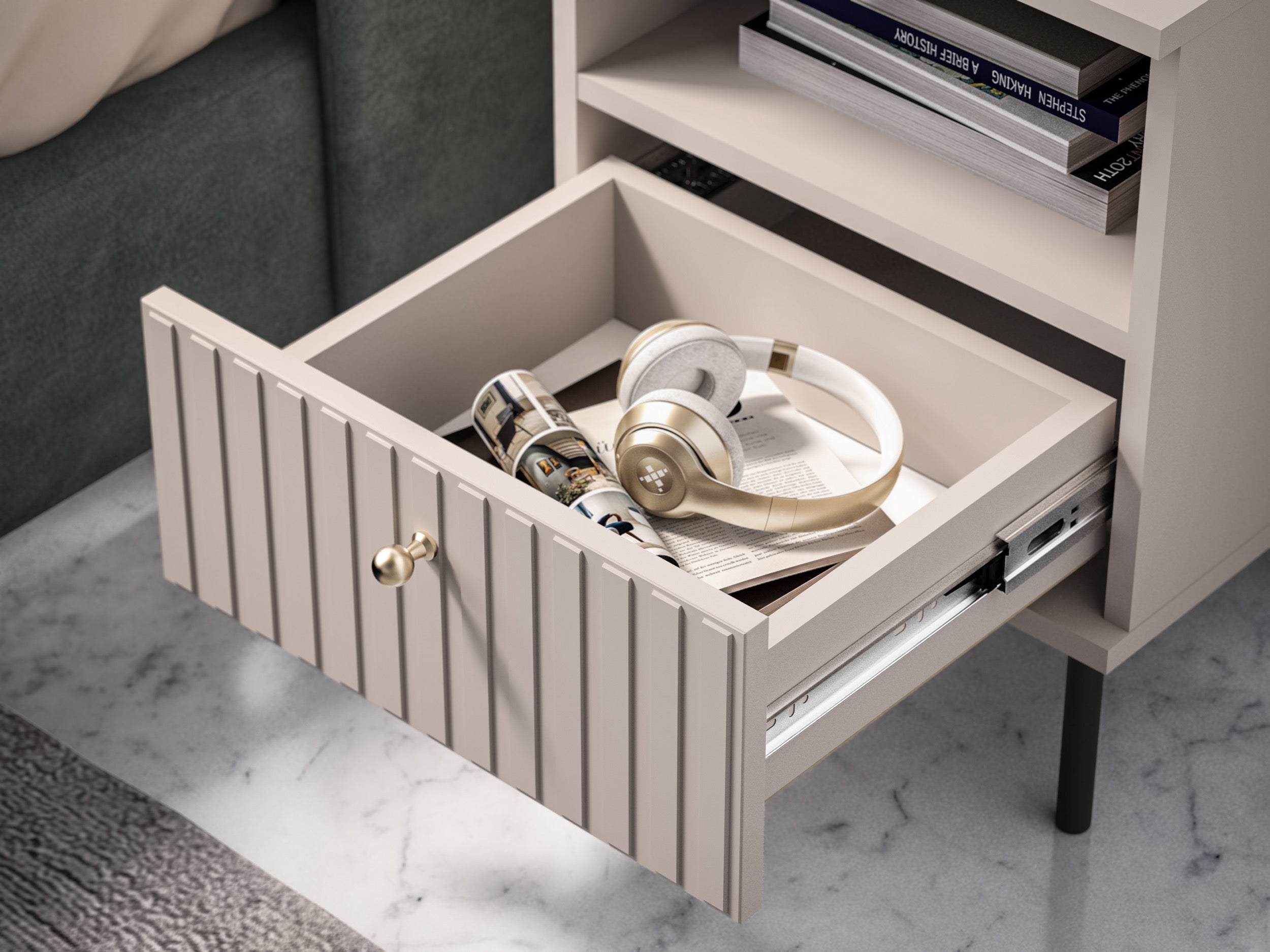 Nachttisch Caletto mit Schublade 40 cm, dekorative Lamellen, beige