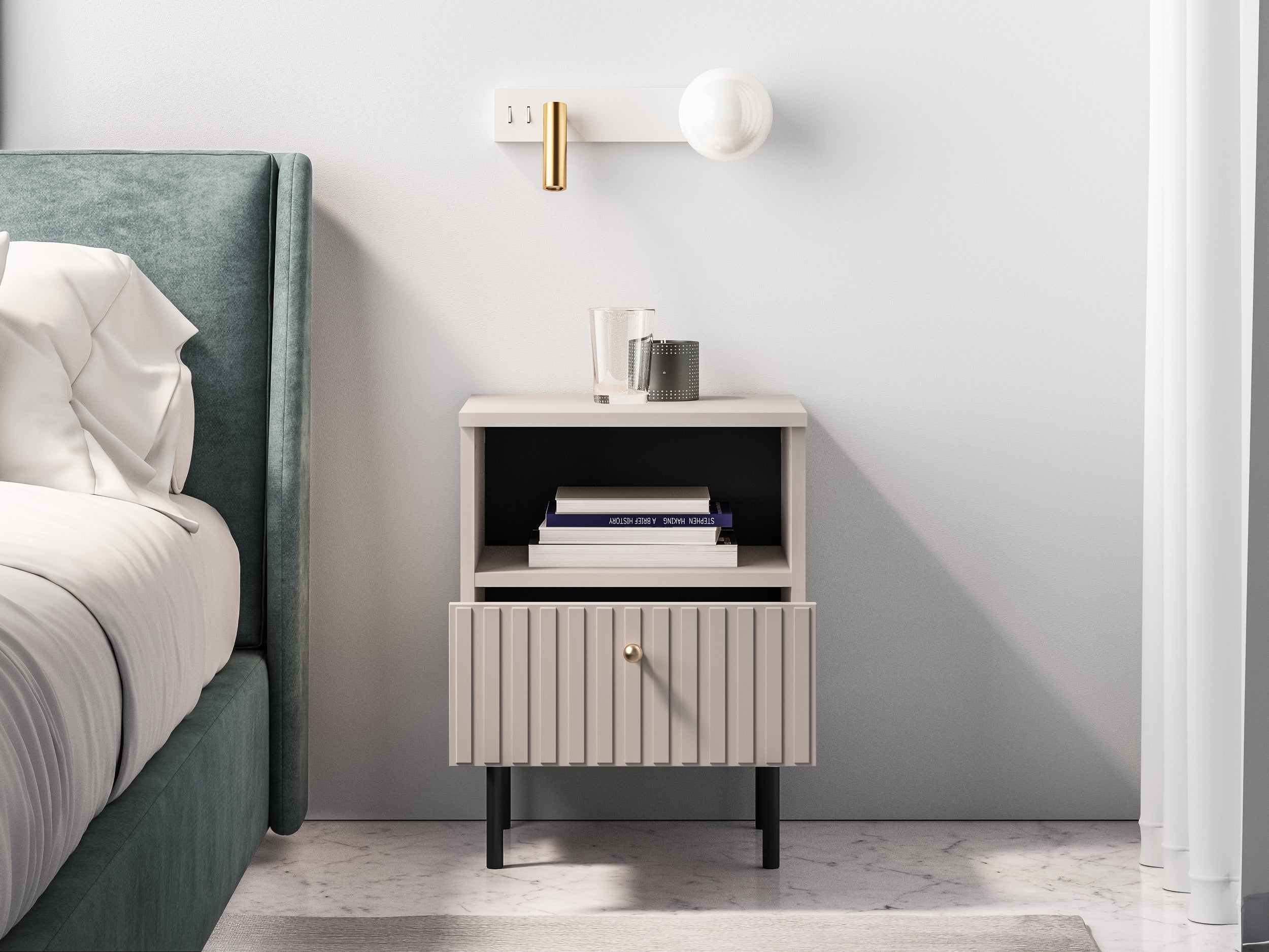 Nachttisch Caletto mit Schublade 40 cm, dekorative Lamellen, beige