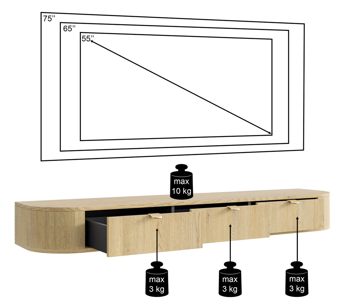 Hängender TV-Schrank Coru Slim mit drei Schubladen, 175 cm, Eiche Cremona Torro
