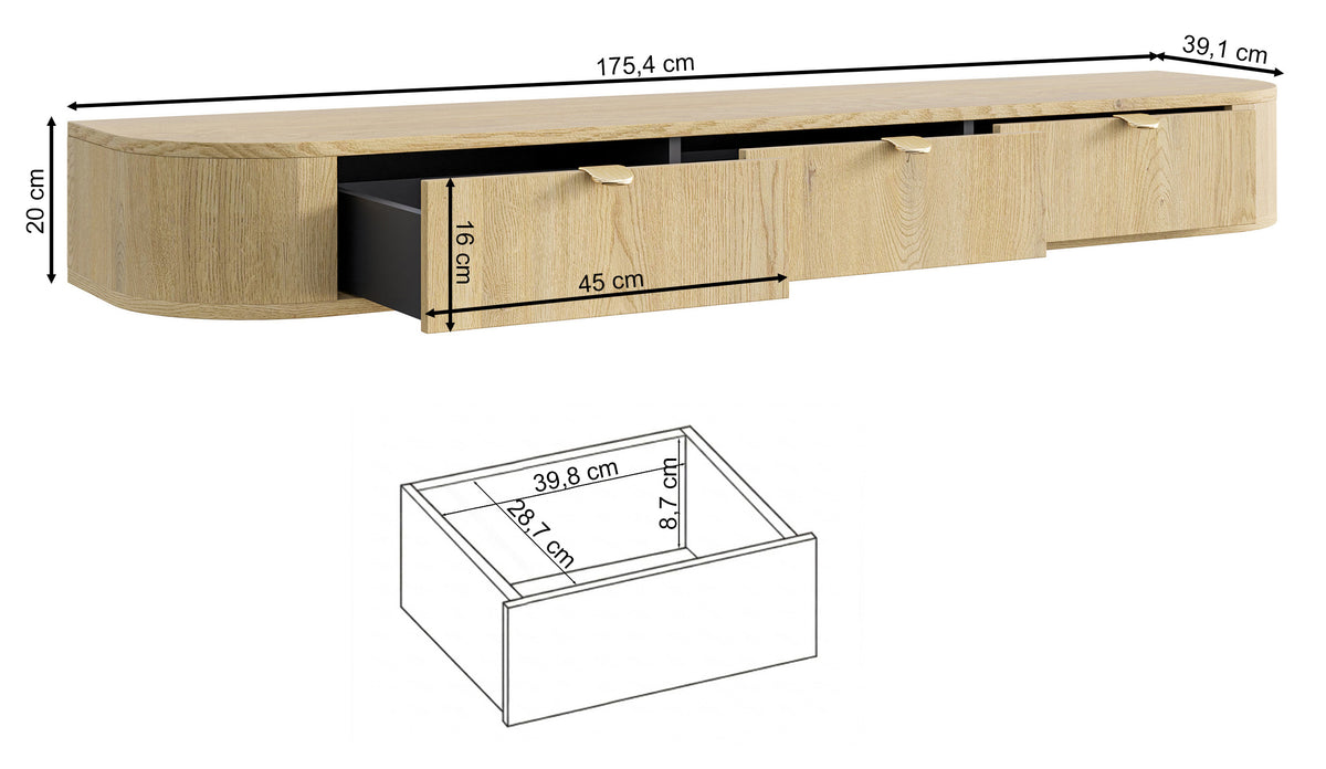 Hängender TV-Schrank Coru Slim mit drei Schubladen, 175 cm, Eiche Cremona Torro