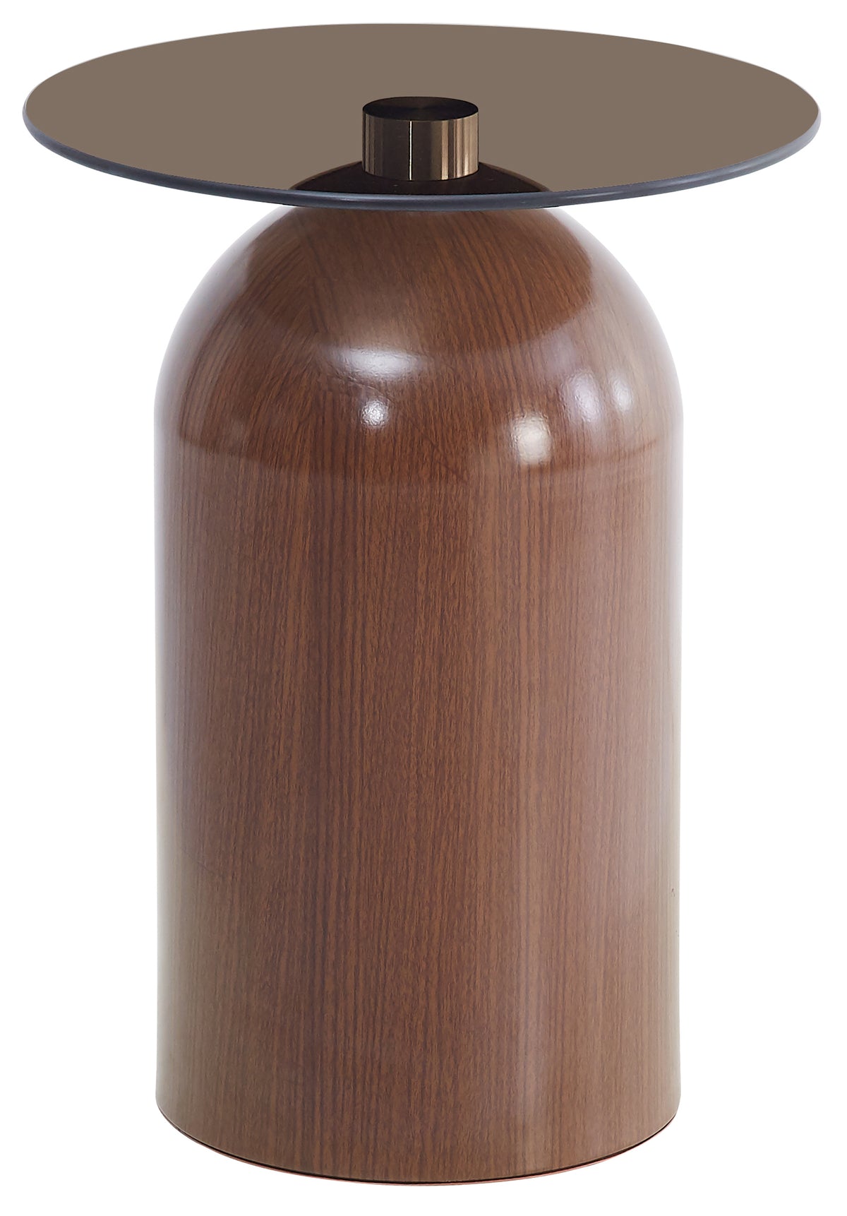 Runder Couchtisch Velmorra, Durchmesser 40 cm, mit rauchfarbenem Glasplatte und Metallgestell in Nussbaum