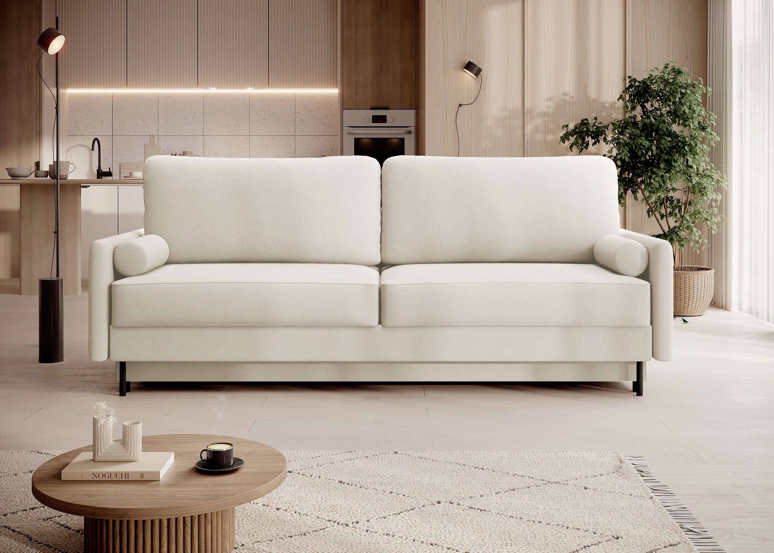 Dreisitziges ausklappbares Sofa Tomonde mit Stauraum, beige, samt, pflegeleicht