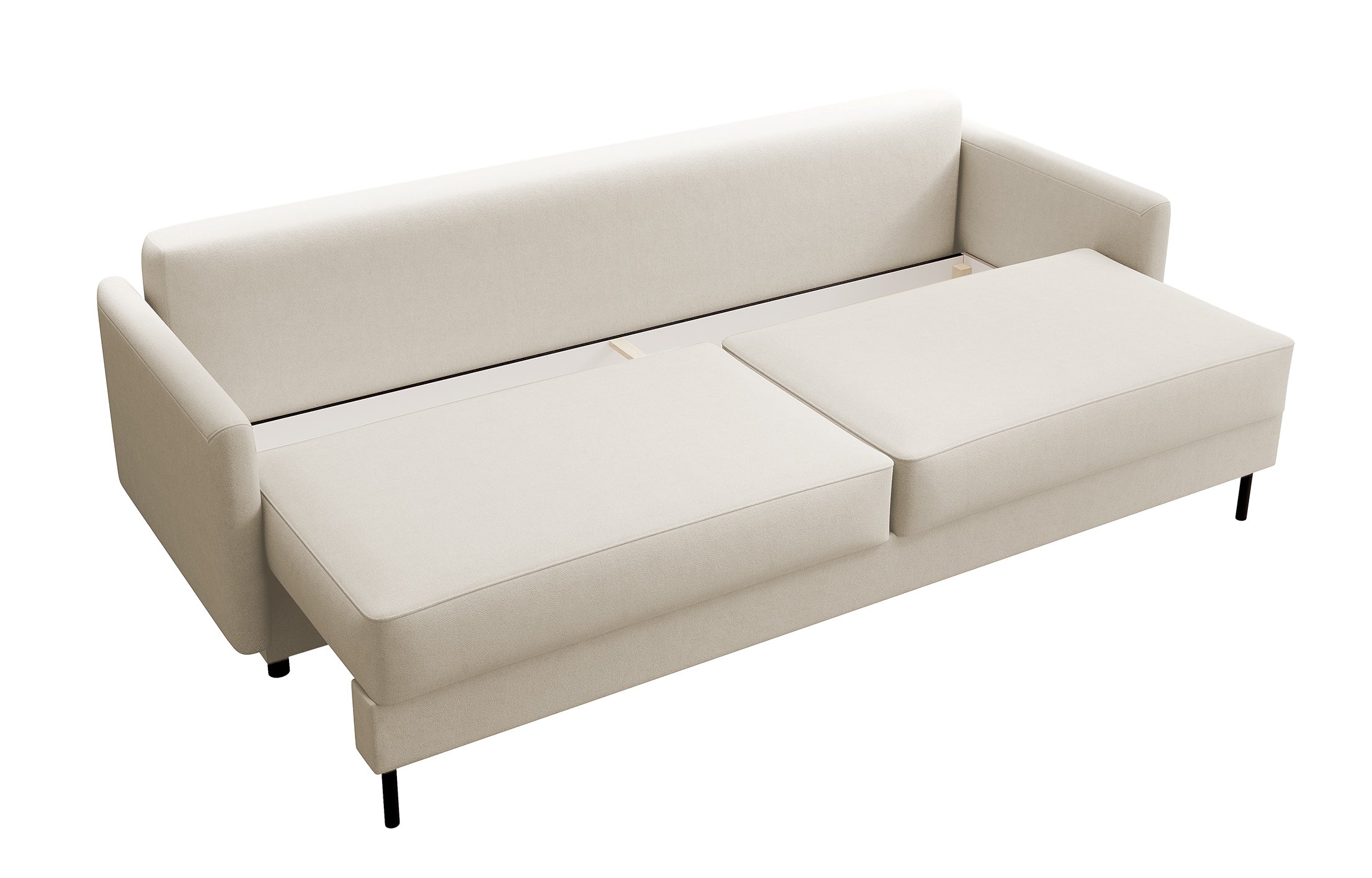 Dreisitziges ausklappbares Sofa Tomonde mit Stauraum, beige, samt, pflegeleicht