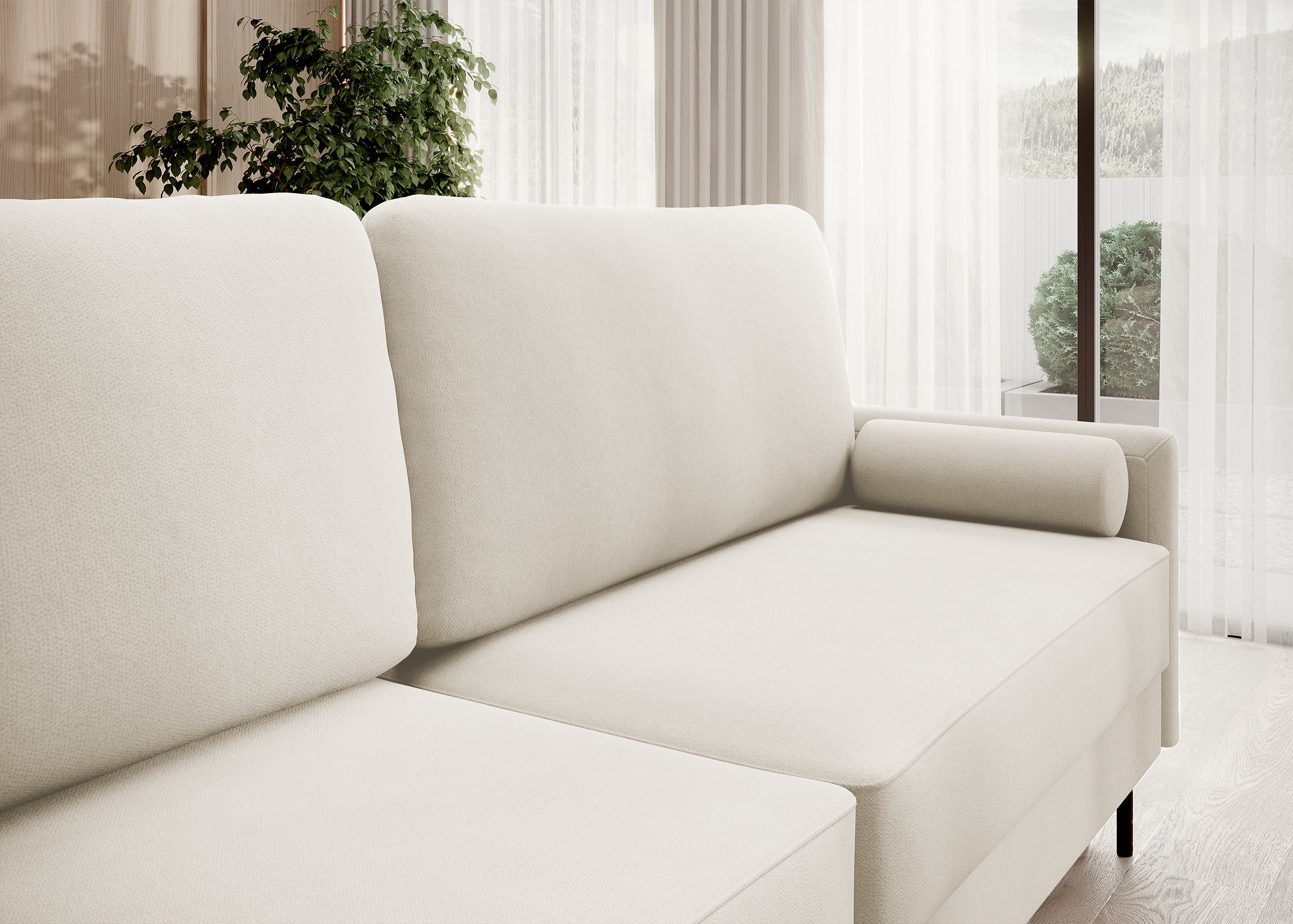 Dreisitziges ausklappbares Sofa Tomonde mit Stauraum, beige, samt, pflegeleicht