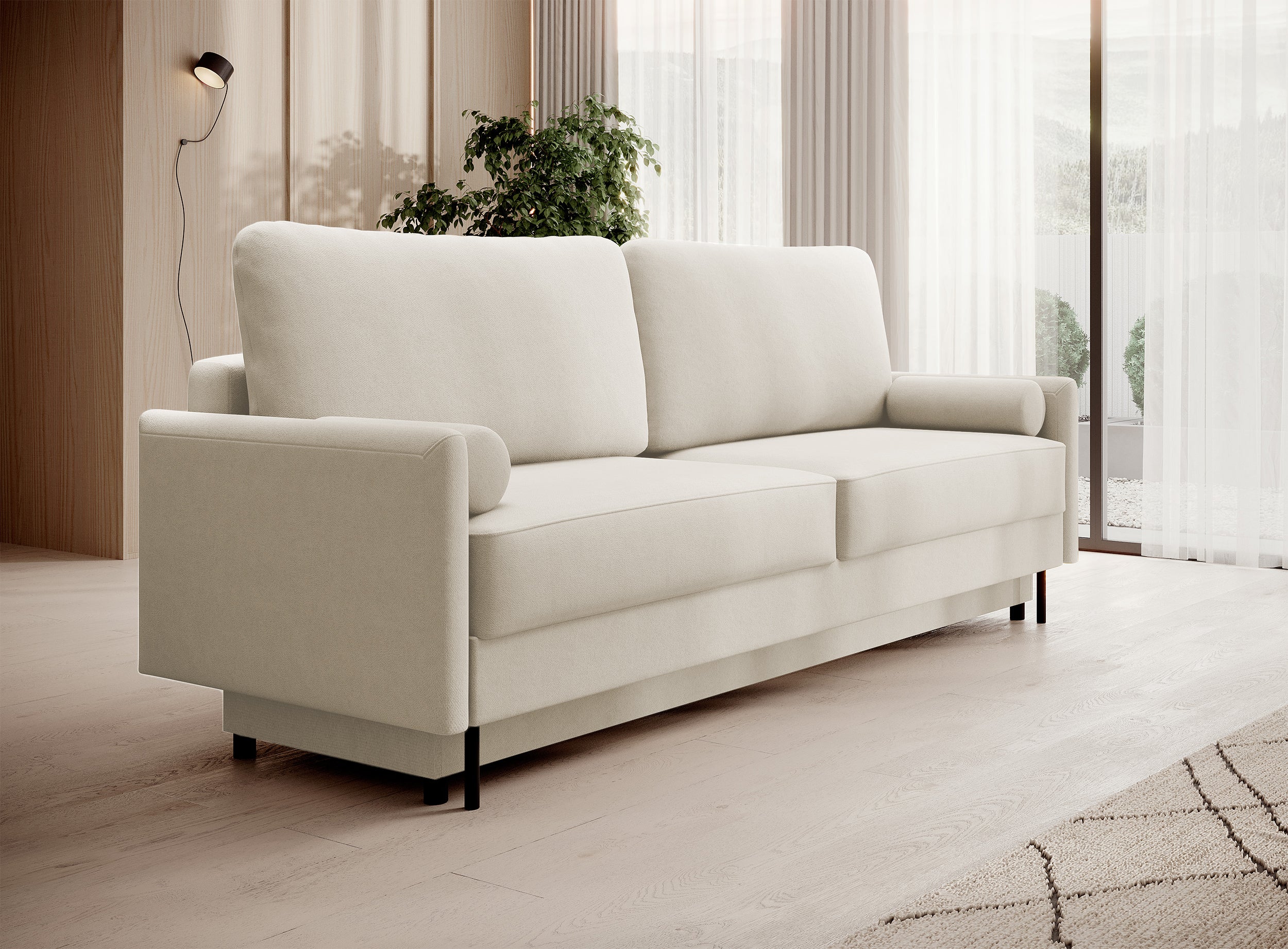 Dreisitziges ausklappbares Sofa Tomonde mit Stauraum, beige, samt, pflegeleicht