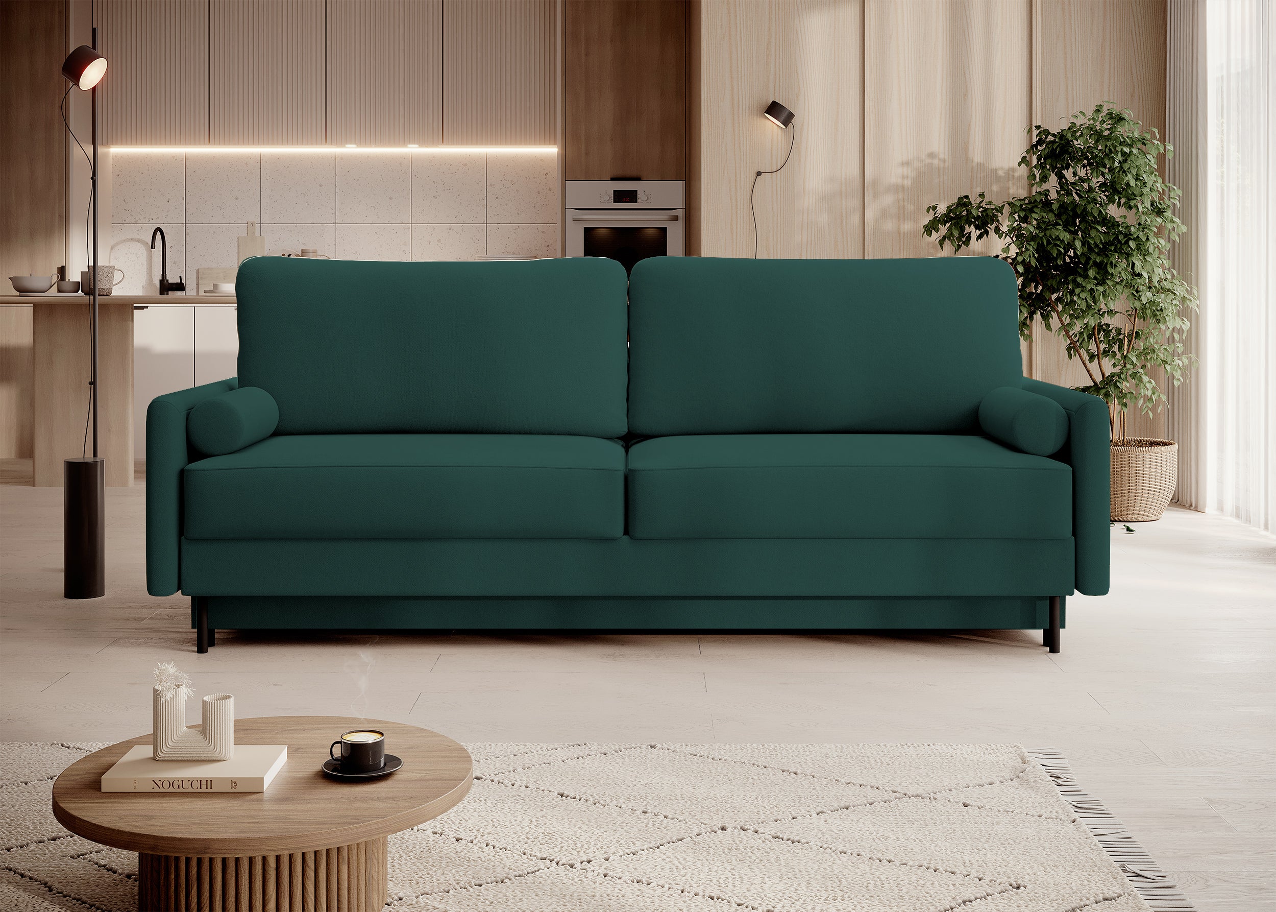 Dreisitziges ausklappbares Sofa Tomonde mit Stauraum, smaragdgrüner Velours, pflegeleicht