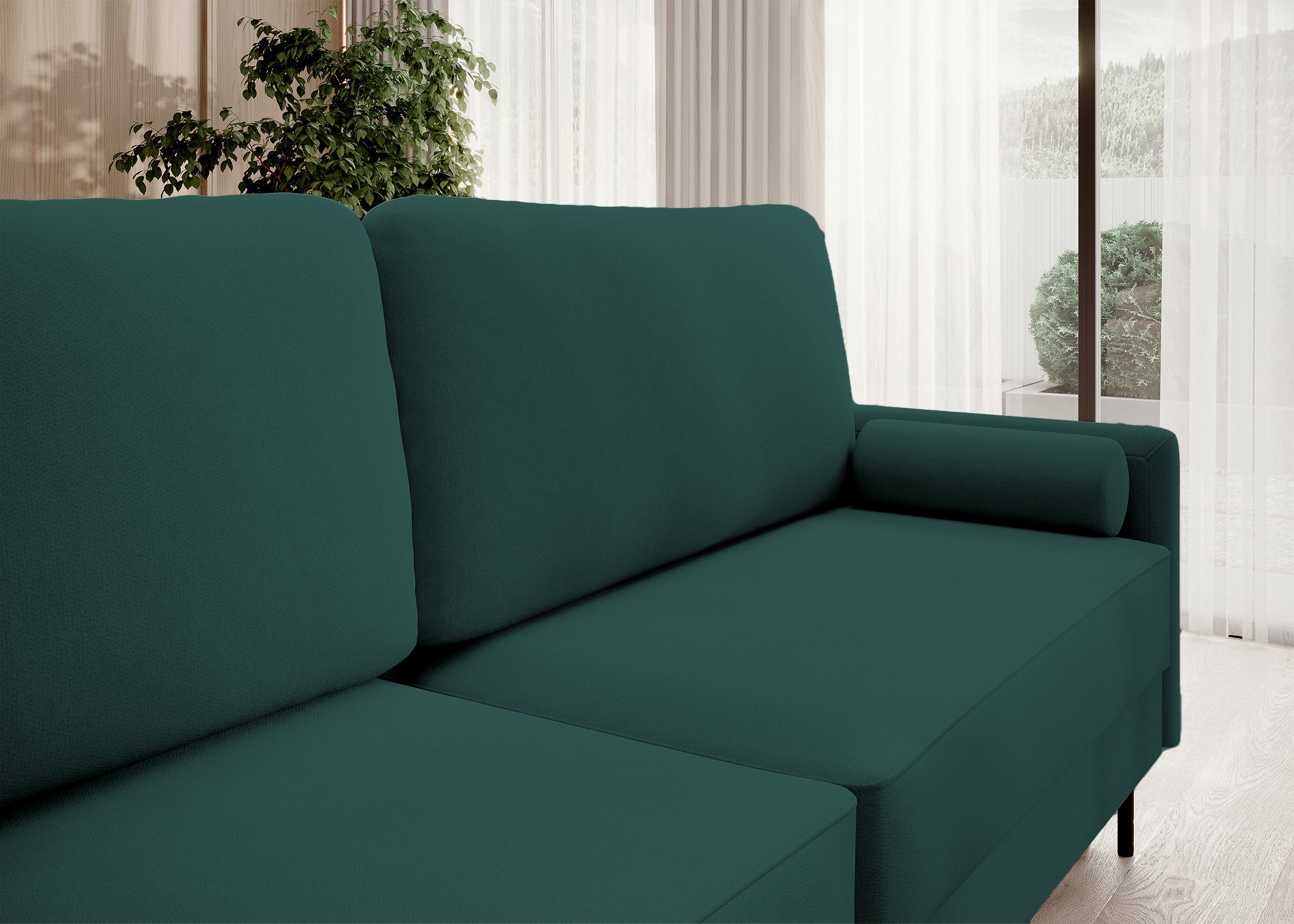 Dreisitziges ausklappbares Sofa Tomonde mit Stauraum, smaragdgrüner Velours, pflegeleicht