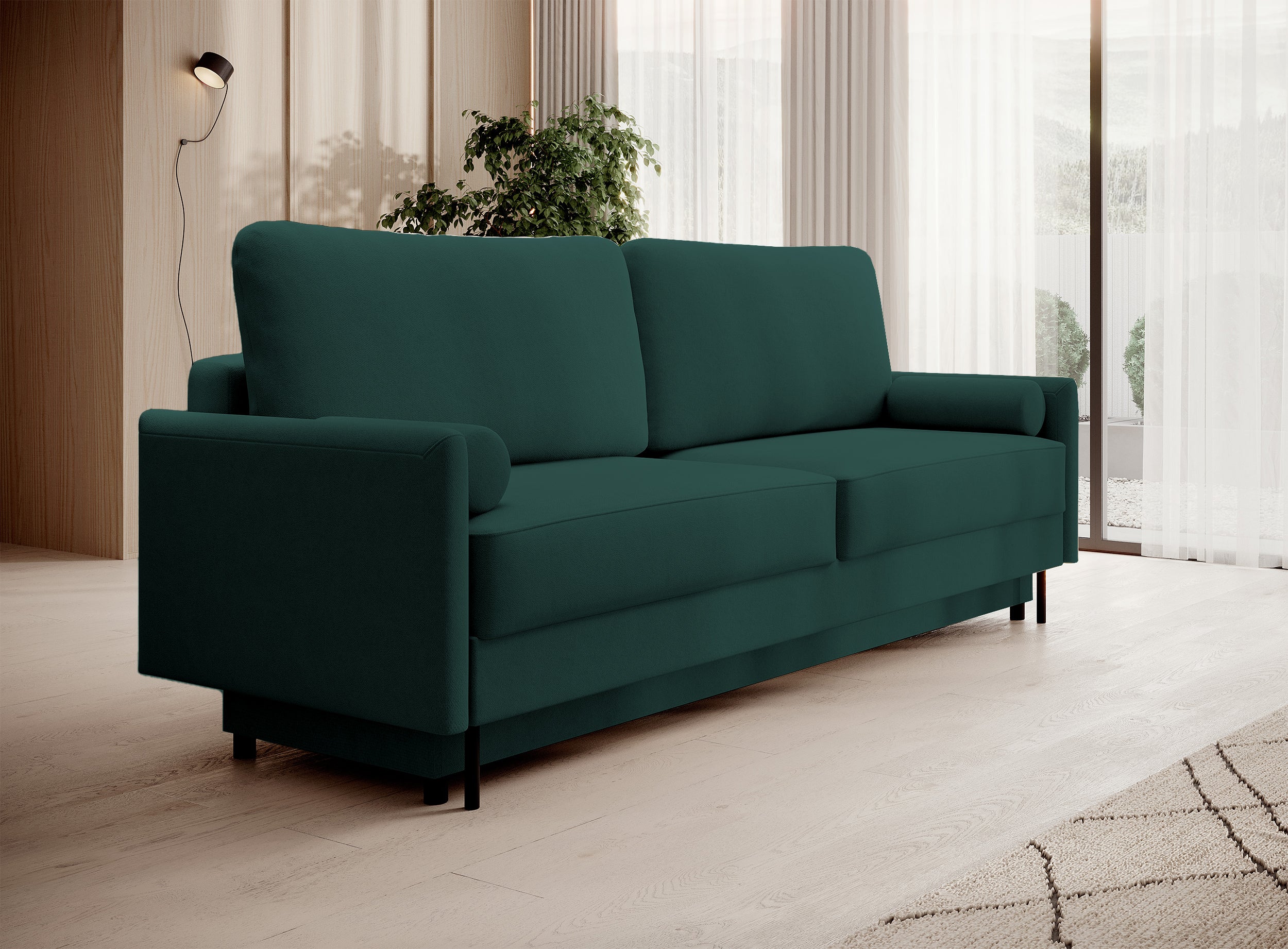Dreisitziges ausklappbares Sofa Tomonde mit Stauraum, smaragdgrüner Velours, pflegeleicht