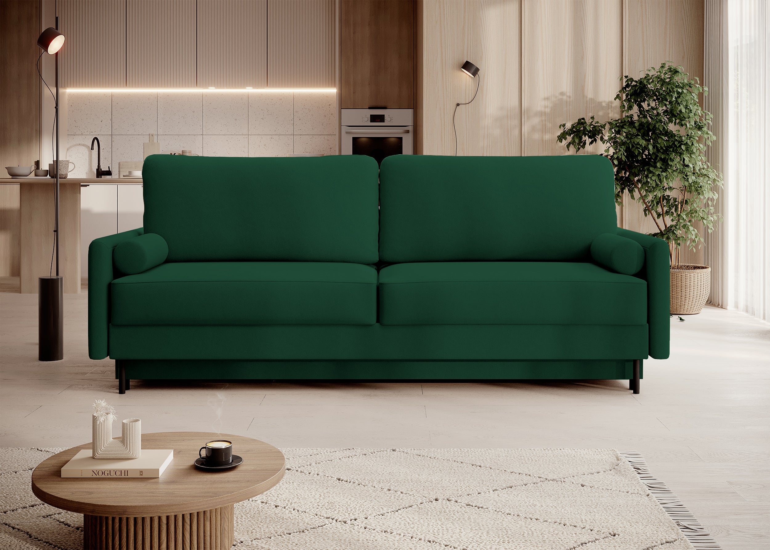 Dreisitziges Schlafsofa Tomonde mit Stauraum, Flaschengrün, Velours, pflegeleicht