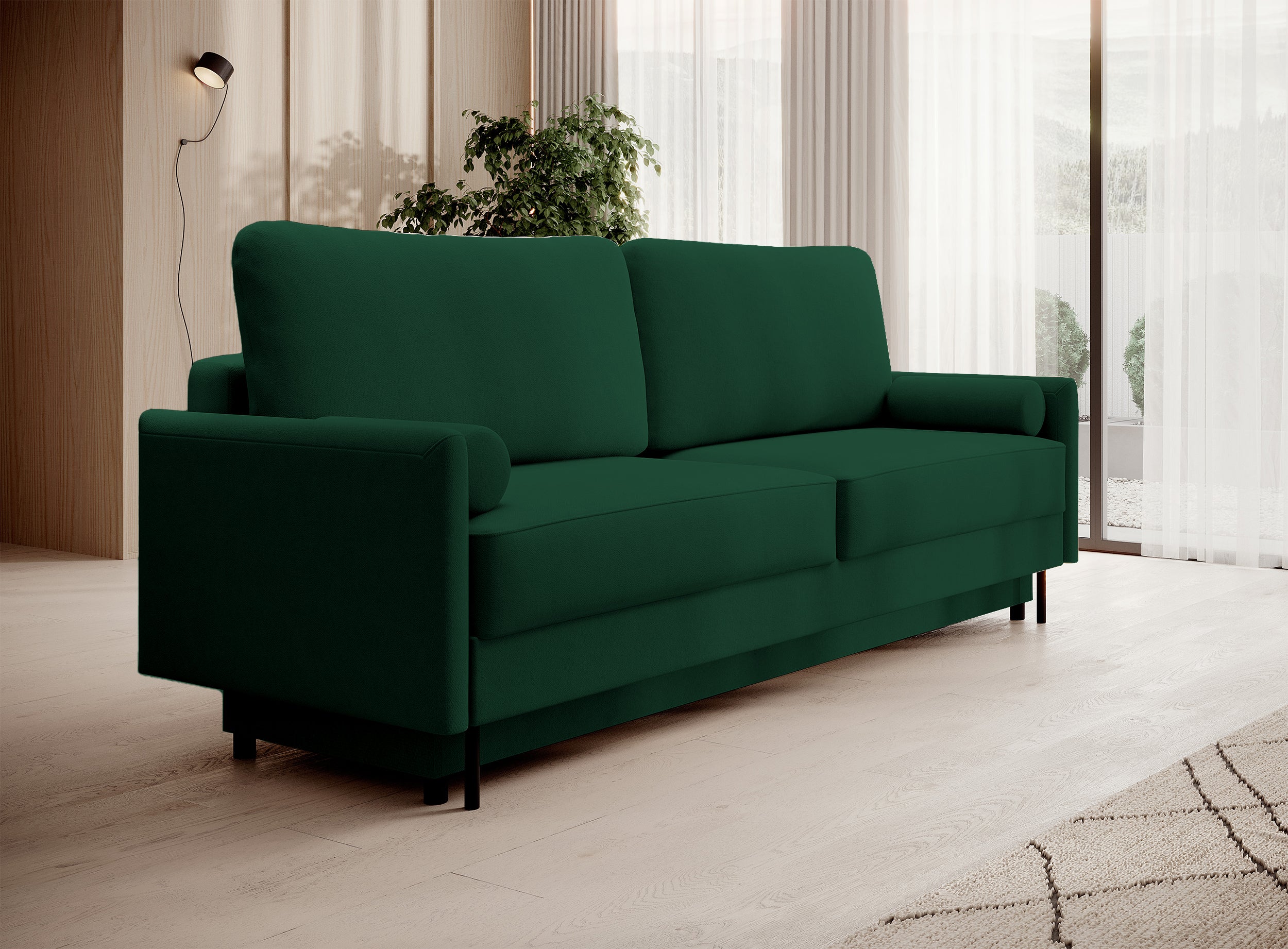 Dreisitziges Schlafsofa Tomonde mit Stauraum, Flaschengrün, Velours, pflegeleicht