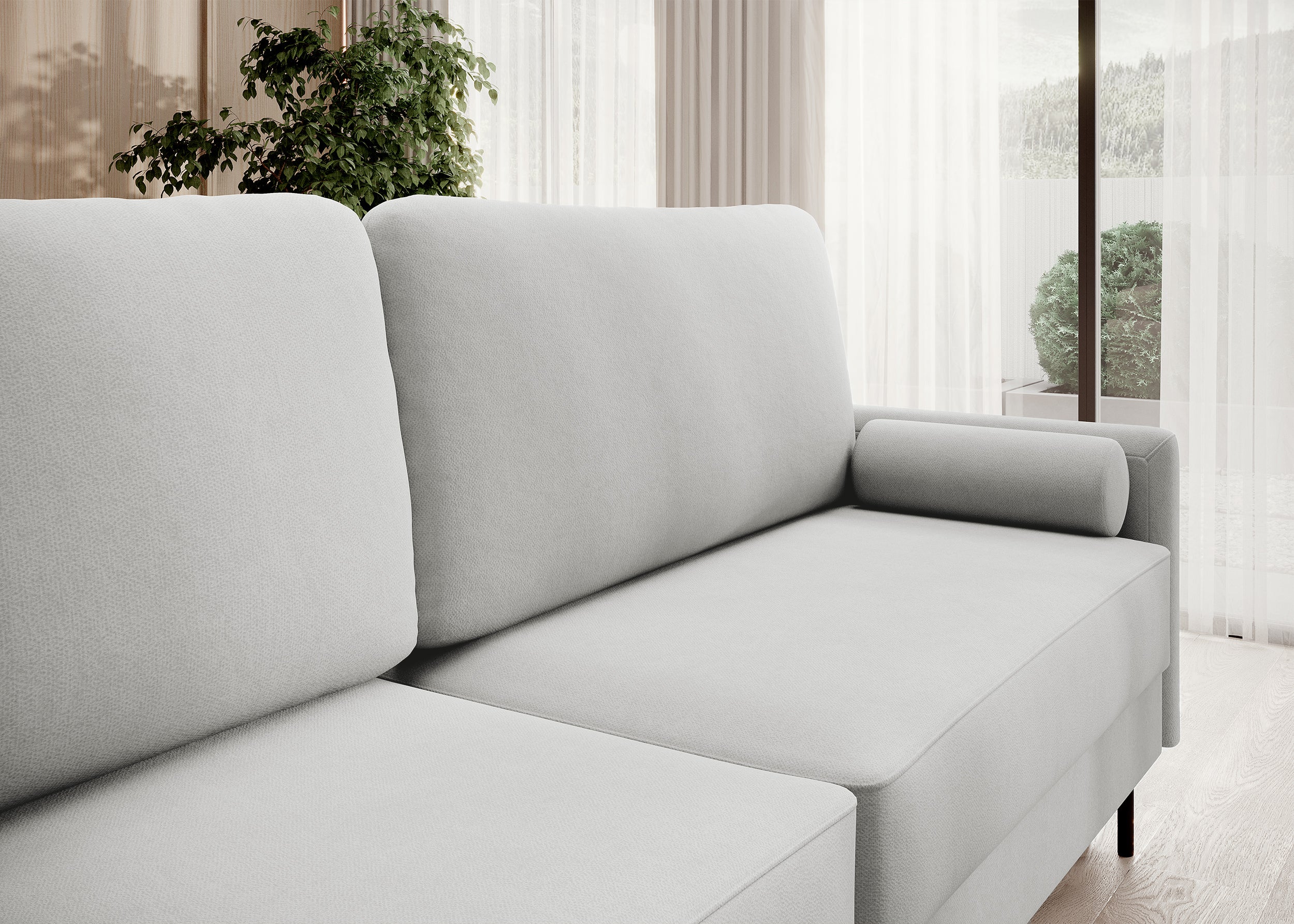 Dreisitziges Schlafsofa Tomonde mit Stauraum, hellgrauer, pflegeleichter Samtvelours