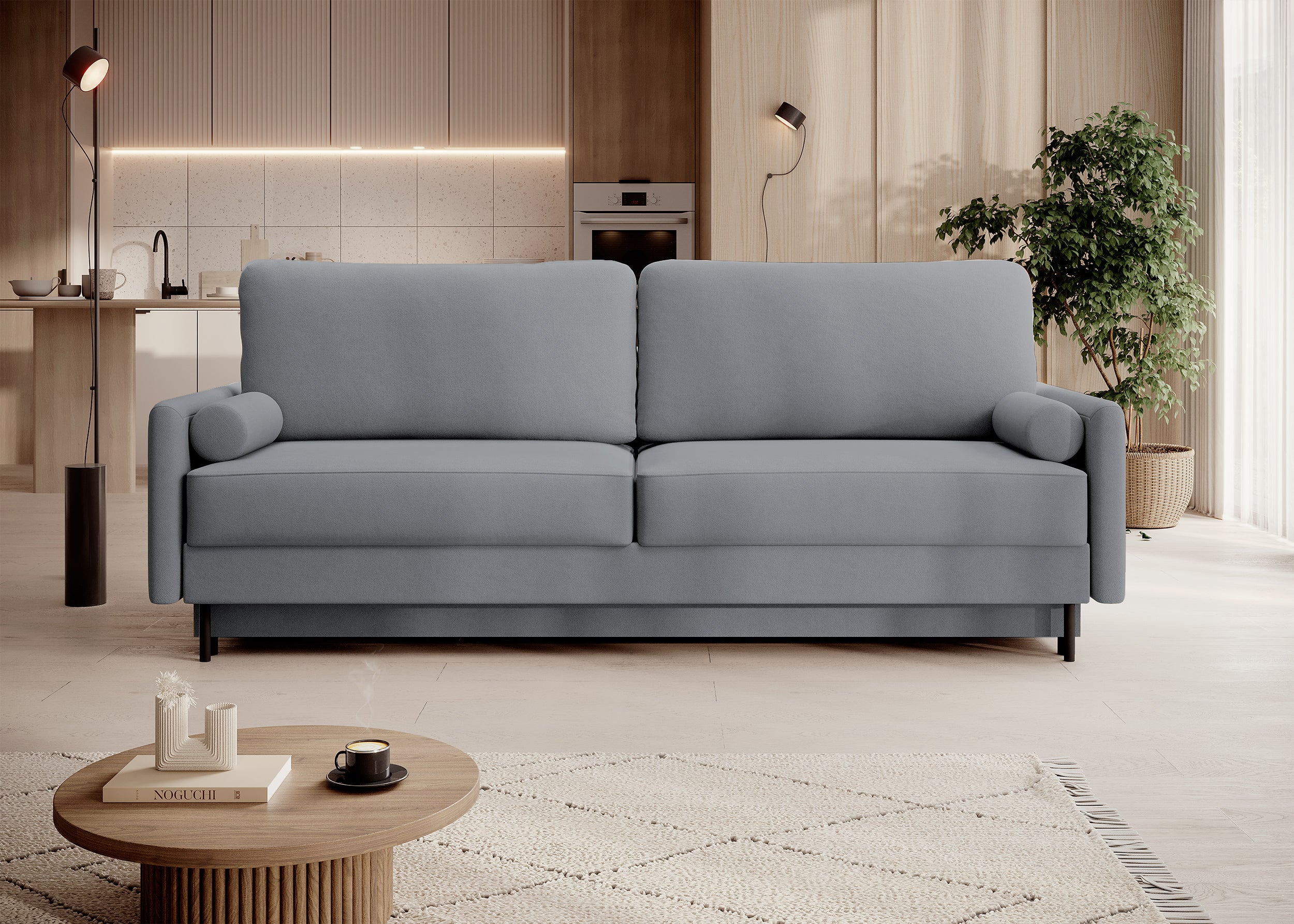 Dreisitziges ausklappbares Sofa Tomonde mit Stauraum, dunkelgrauer, pflegeleichter Samtstoff
