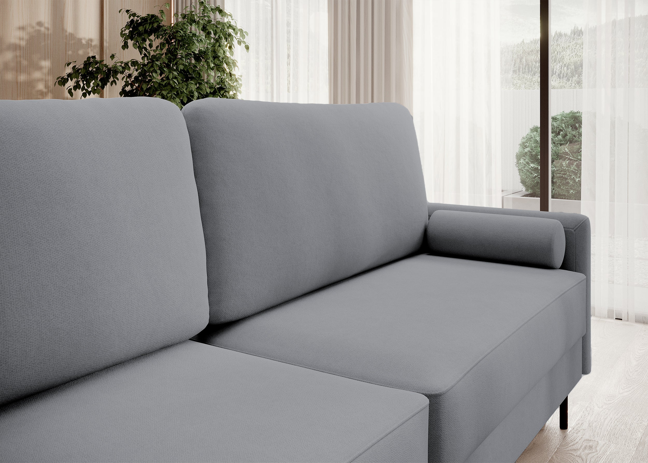 Dreisitziges ausklappbares Sofa Tomonde mit Stauraum, dunkelgrauer, pflegeleichter Samtstoff