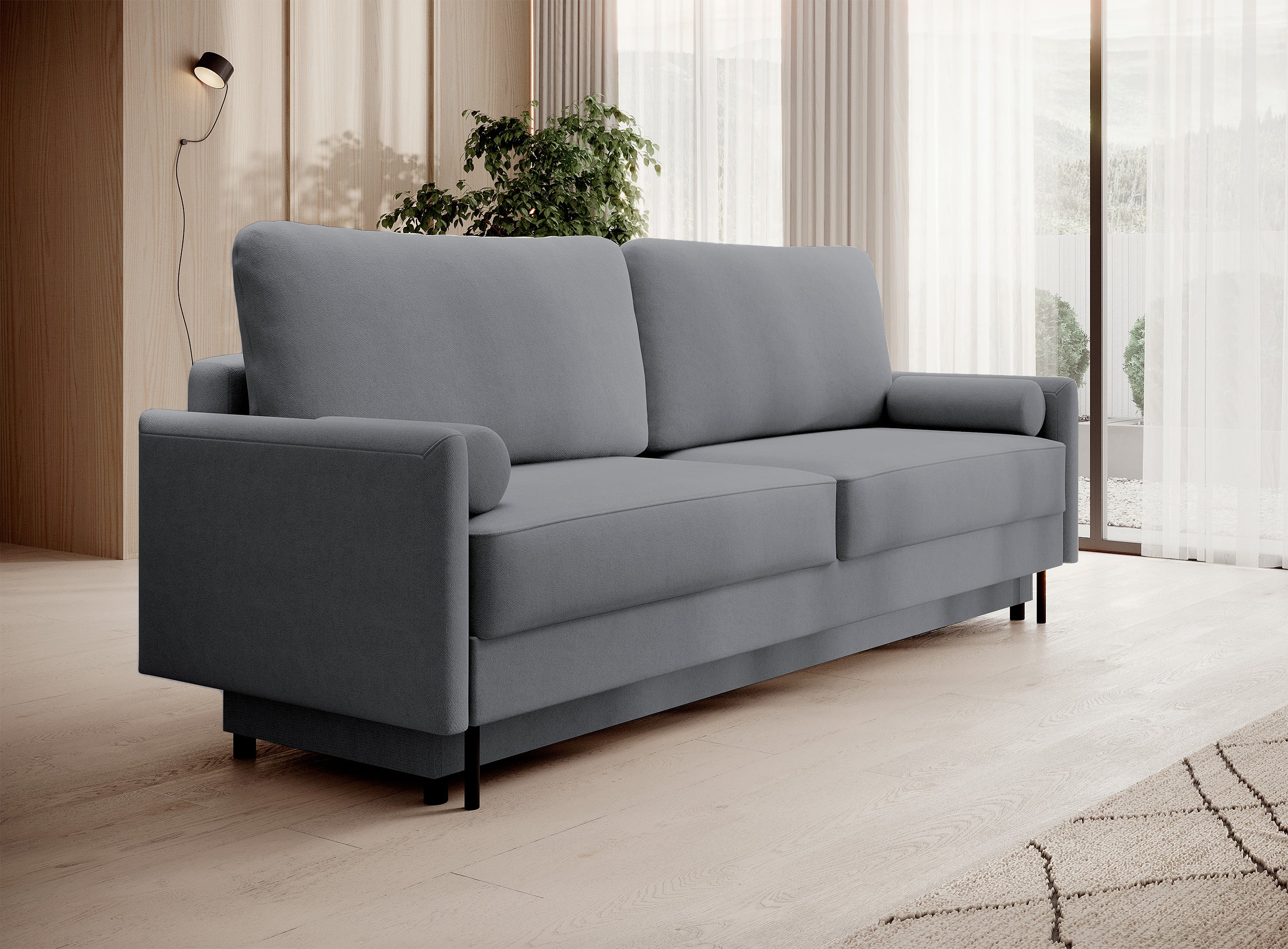 Dreisitziges ausklappbares Sofa Tomonde mit Stauraum, dunkelgrauer, pflegeleichter Samtstoff