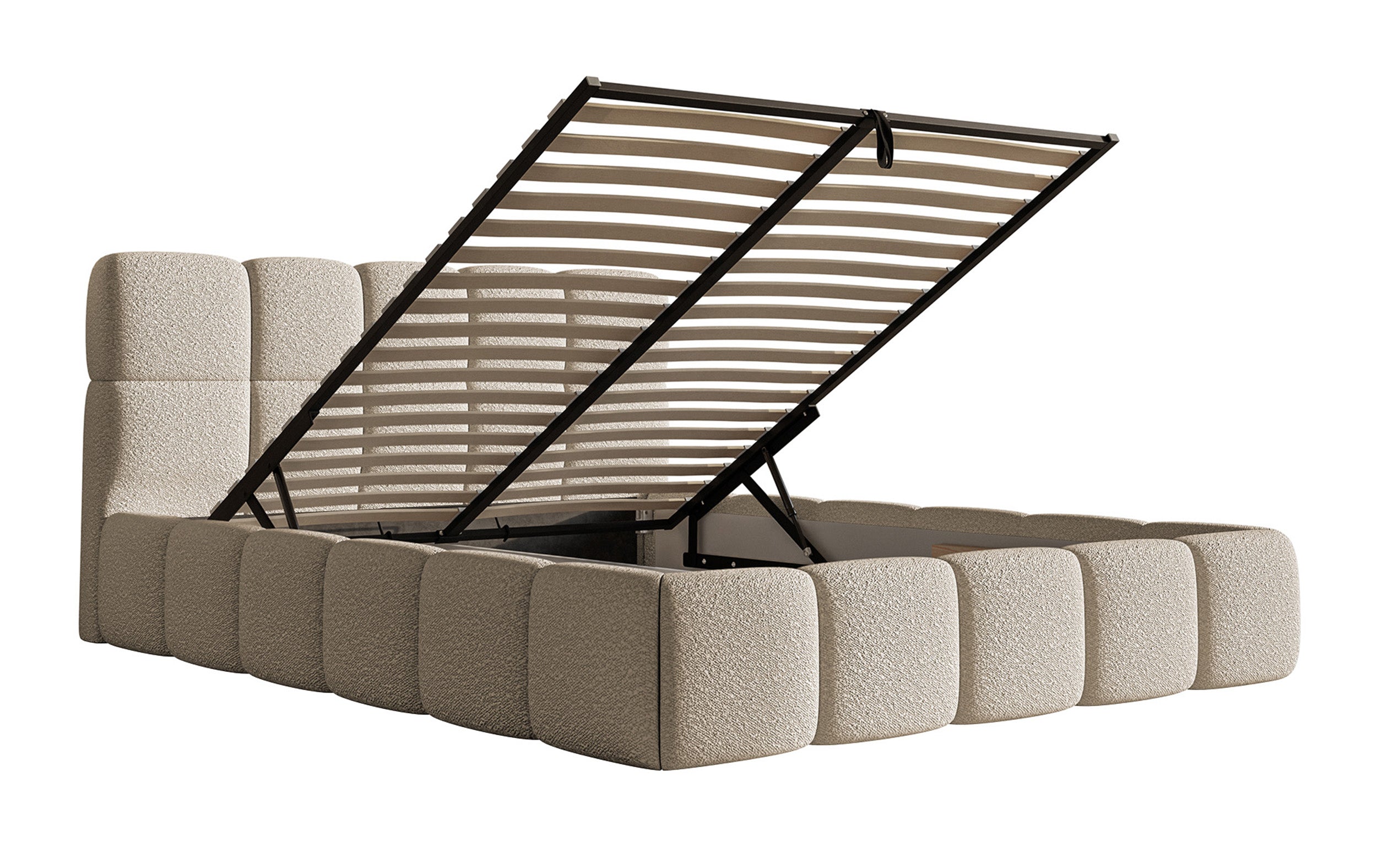 Polsterbett 120x200 cm Cloudy mit Stauraum, Metallrahmen, hellbeige Bouclé