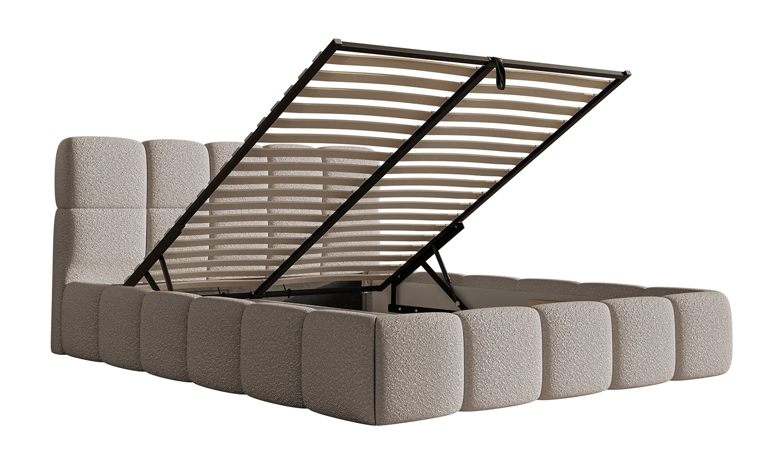 Gepolstertes Bett 120x200 cm Cloudy mit Stauraum, Metallrahmen, hellgrauer Bouclé-Stoff