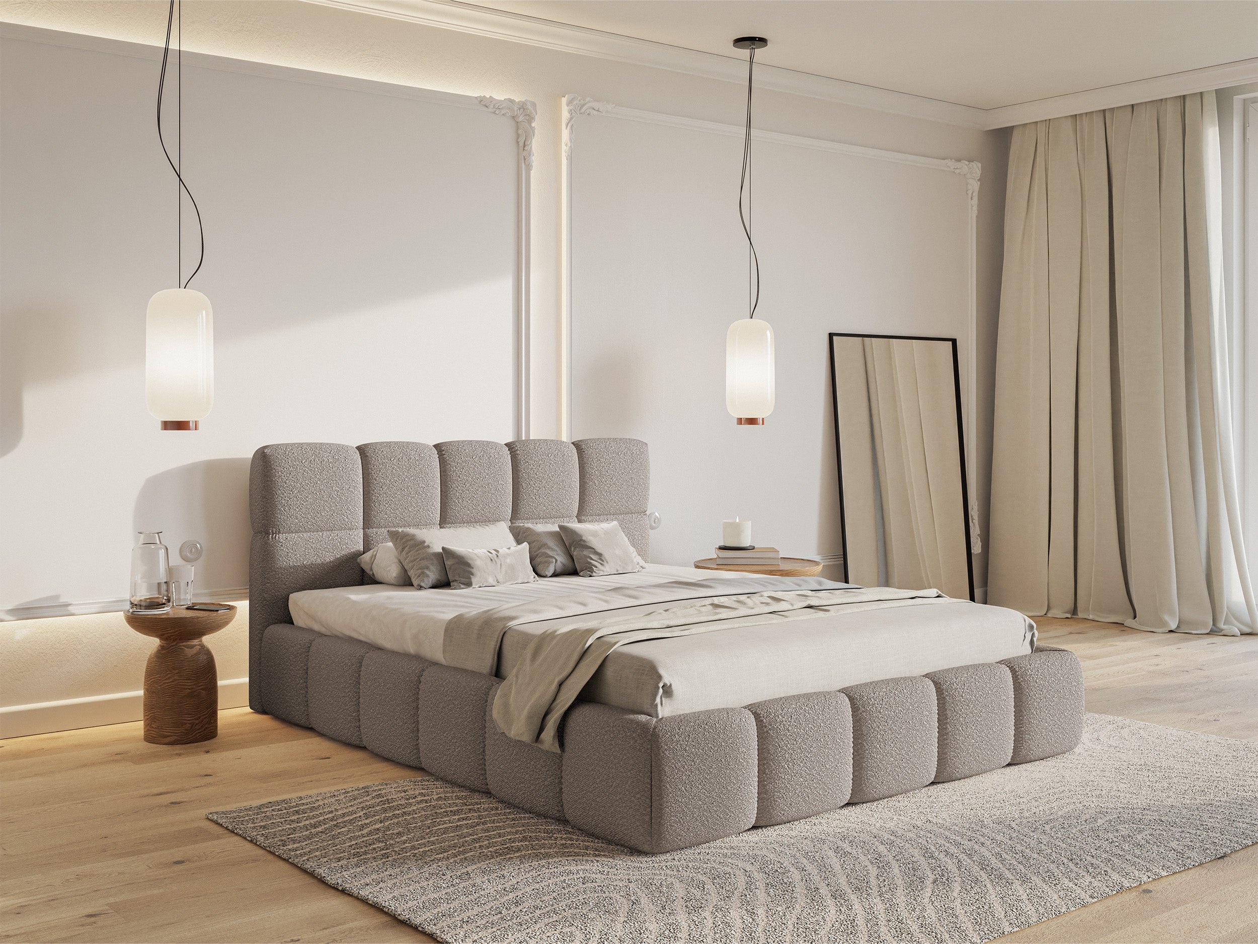 Gepolstertes Bett 120x200 cm Cloudy mit Stauraum, Metallrahmen, hellgrauer Bouclé-Stoff