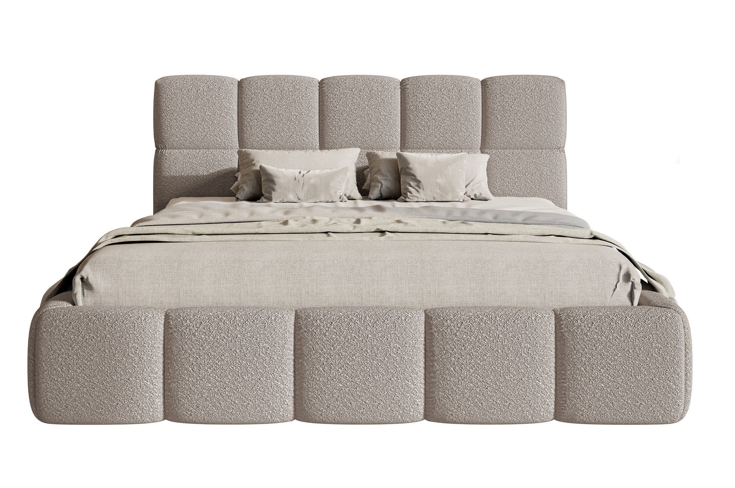 Gepolstertes Bett 120x200 cm Cloudy mit Stauraum, Metallrahmen, hellgrauer Bouclé-Stoff