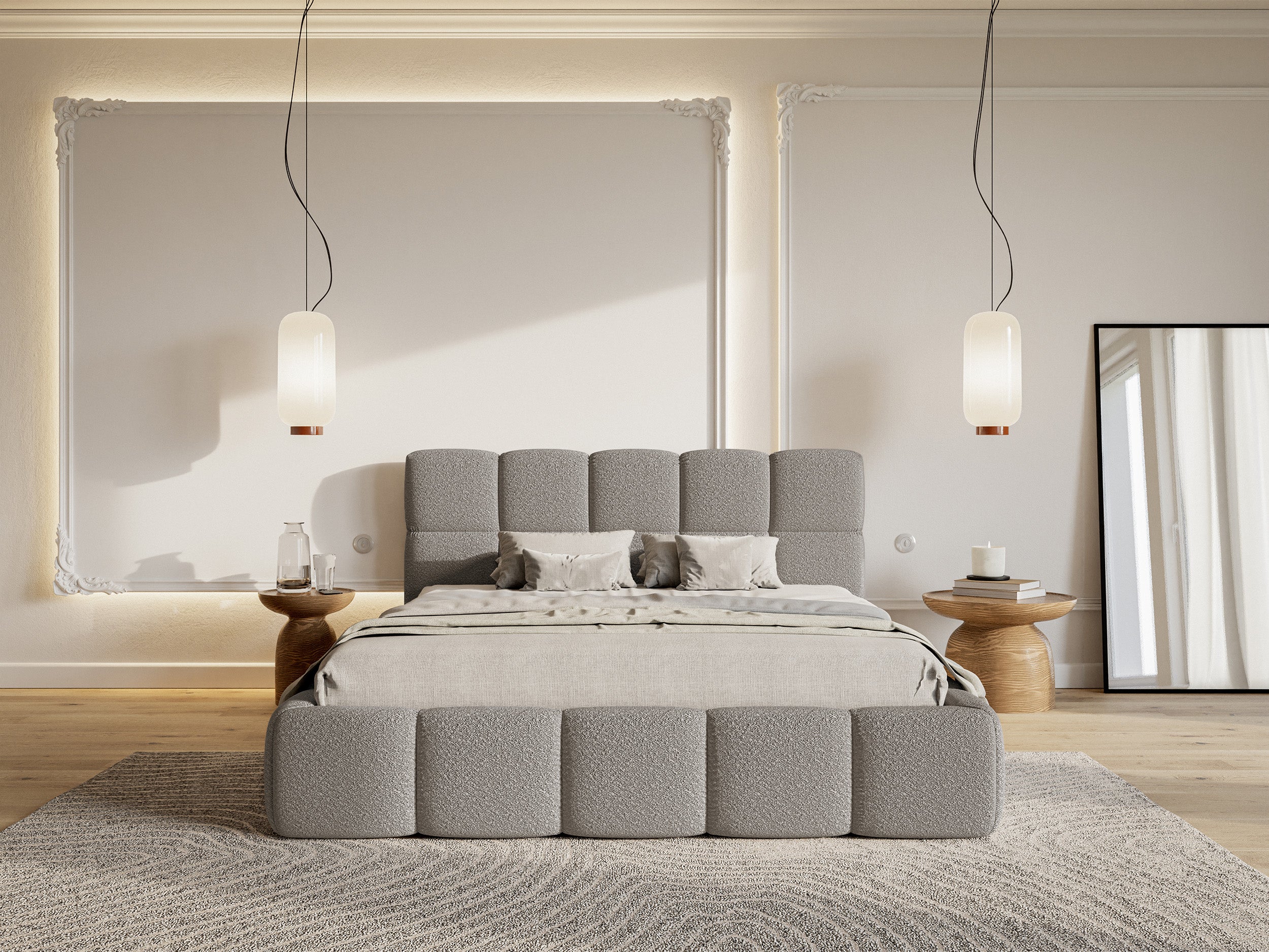 Gepolstertes Bett 120x200 cm Cloudy mit Stauraum, Metallrahmen, grauer Bouclé-Stoff