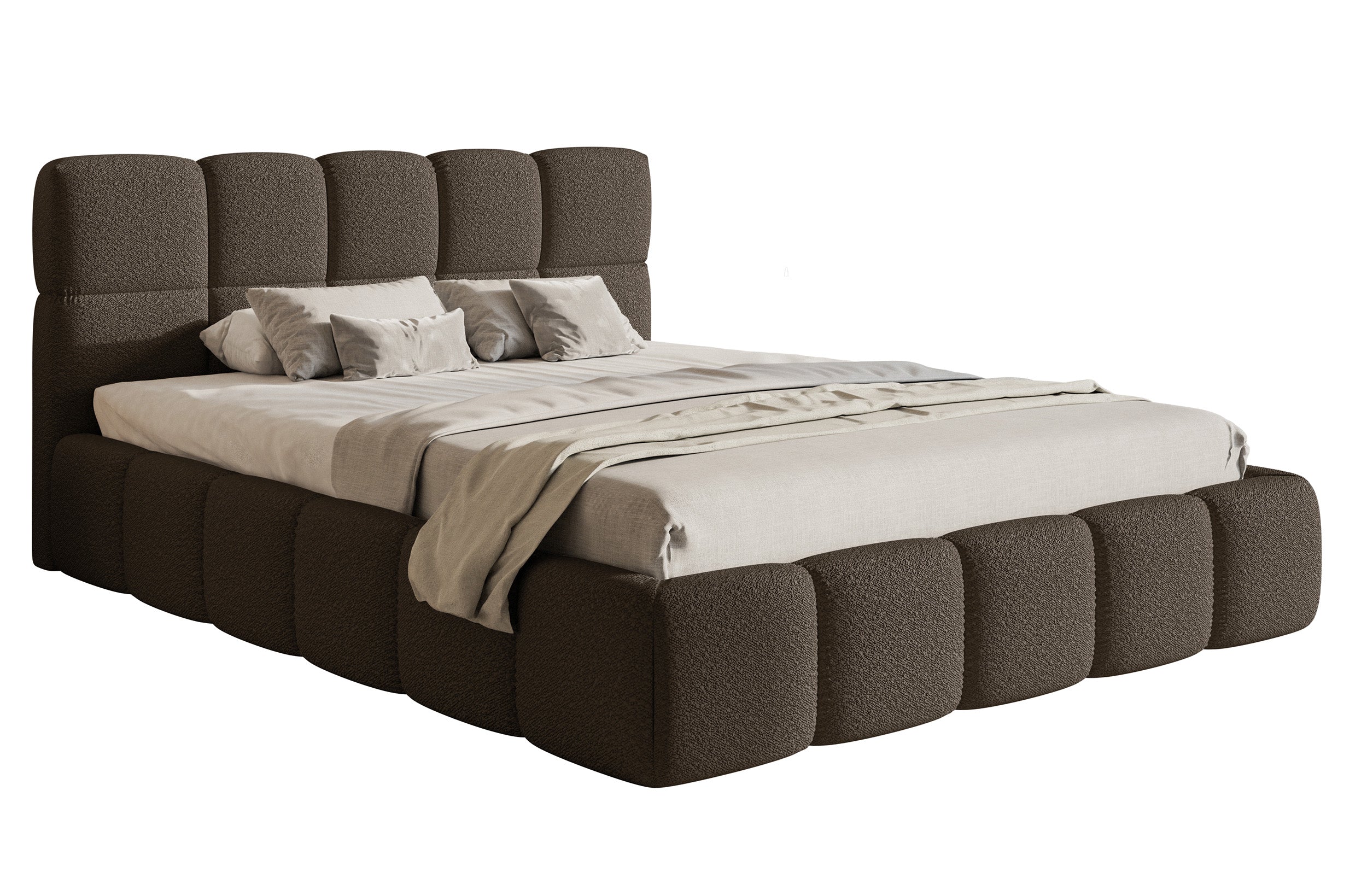 Gepolstertes Bett 120x200 cm Cloudy mit Stauraum, Metallrahmen, braunes Bouclé