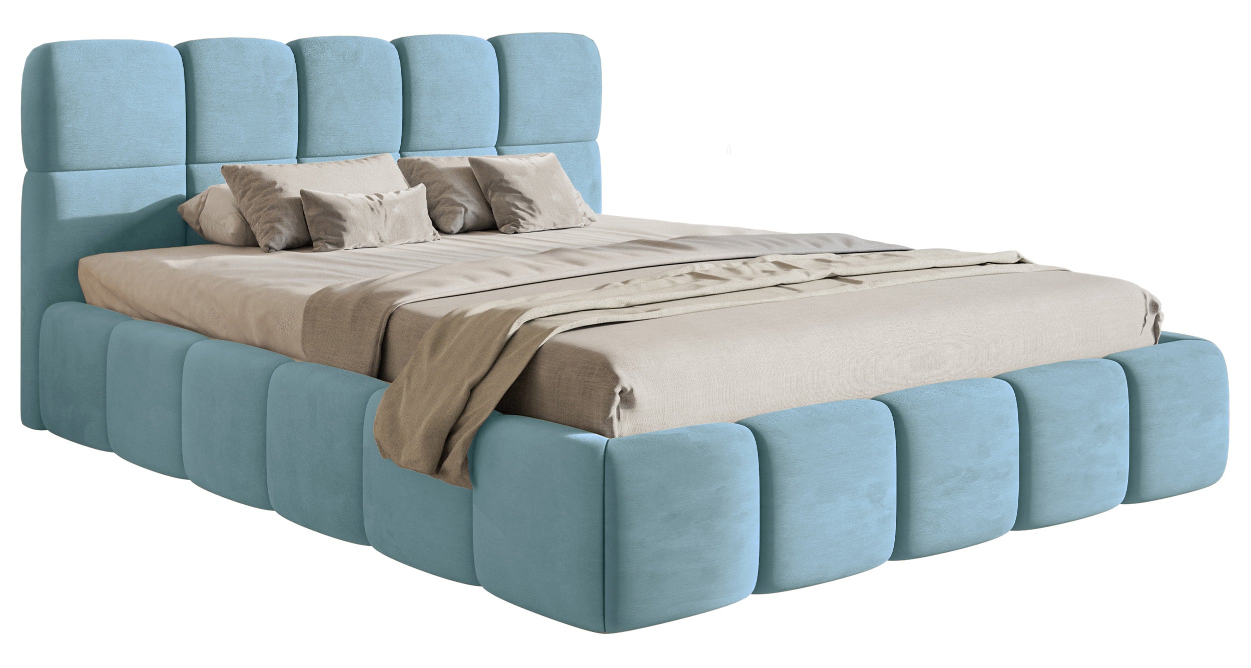 Gepolstertes Bett 120x200 cm Cloudy mit Stauraum, Metallrahmen, hellblauer Velours, wasserabweisend und pflegeleicht