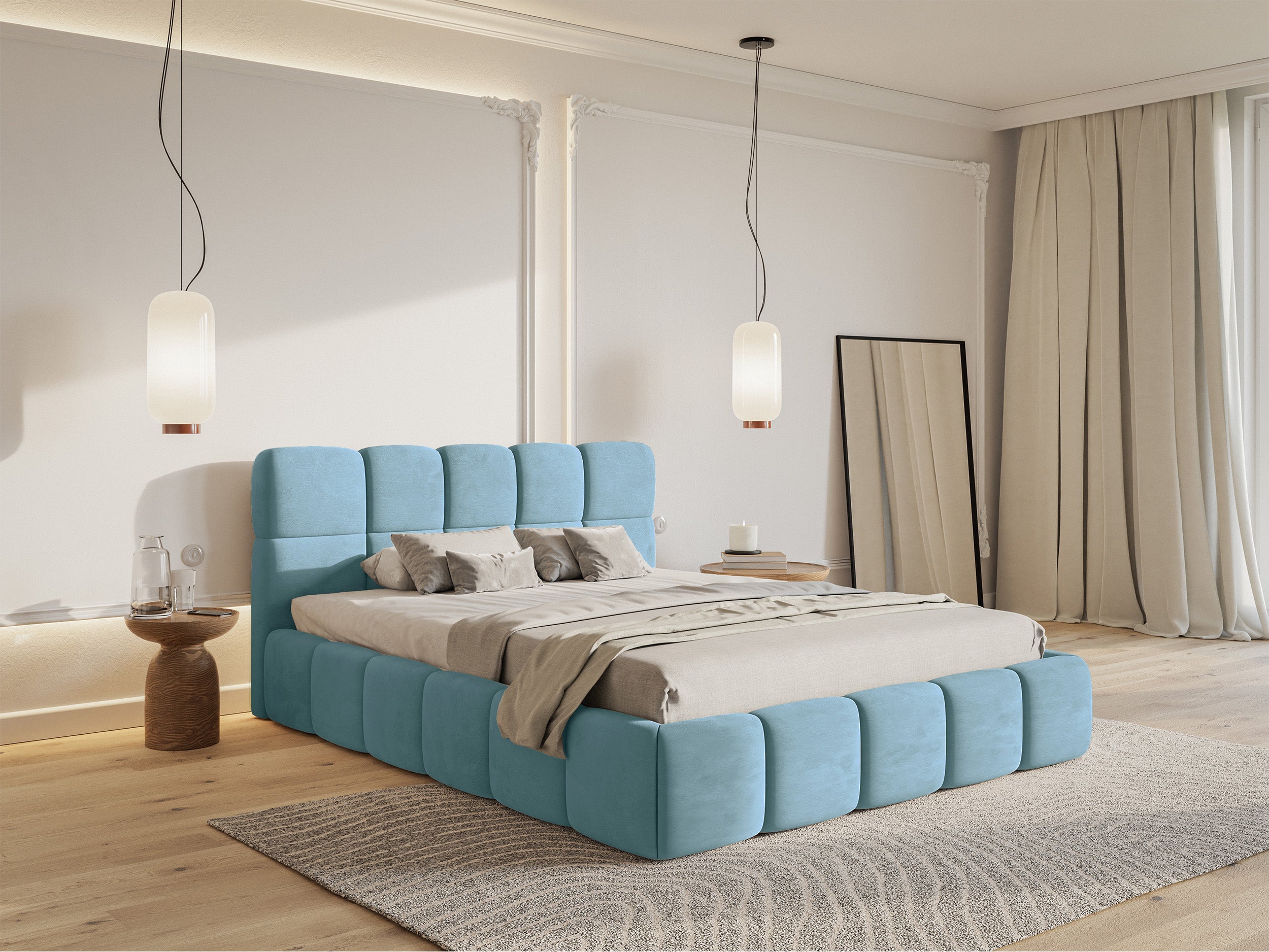 Gepolstertes Bett 120x200 cm Cloudy, hellblauer Velours, wasserabweisend und pflegeleicht