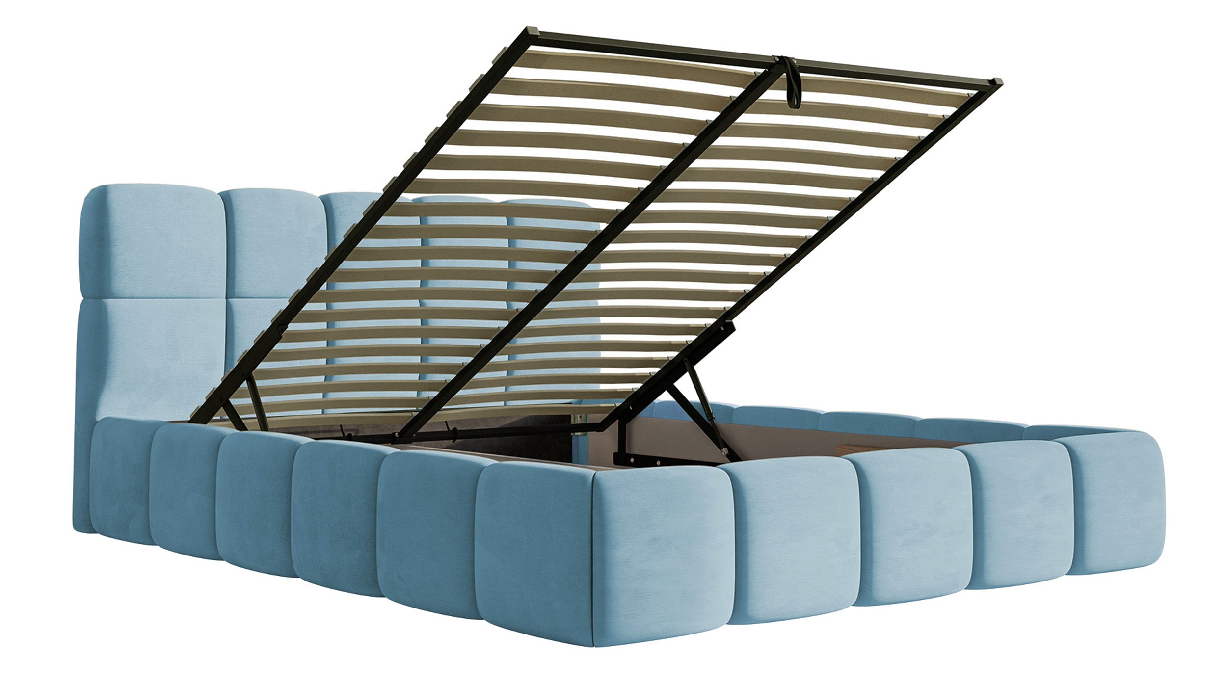 Gepolstertes Bett 120x200 cm Cloudy mit Stauraum, Metallrahmen, hellblauer Velours, wasserabweisend und pflegeleicht