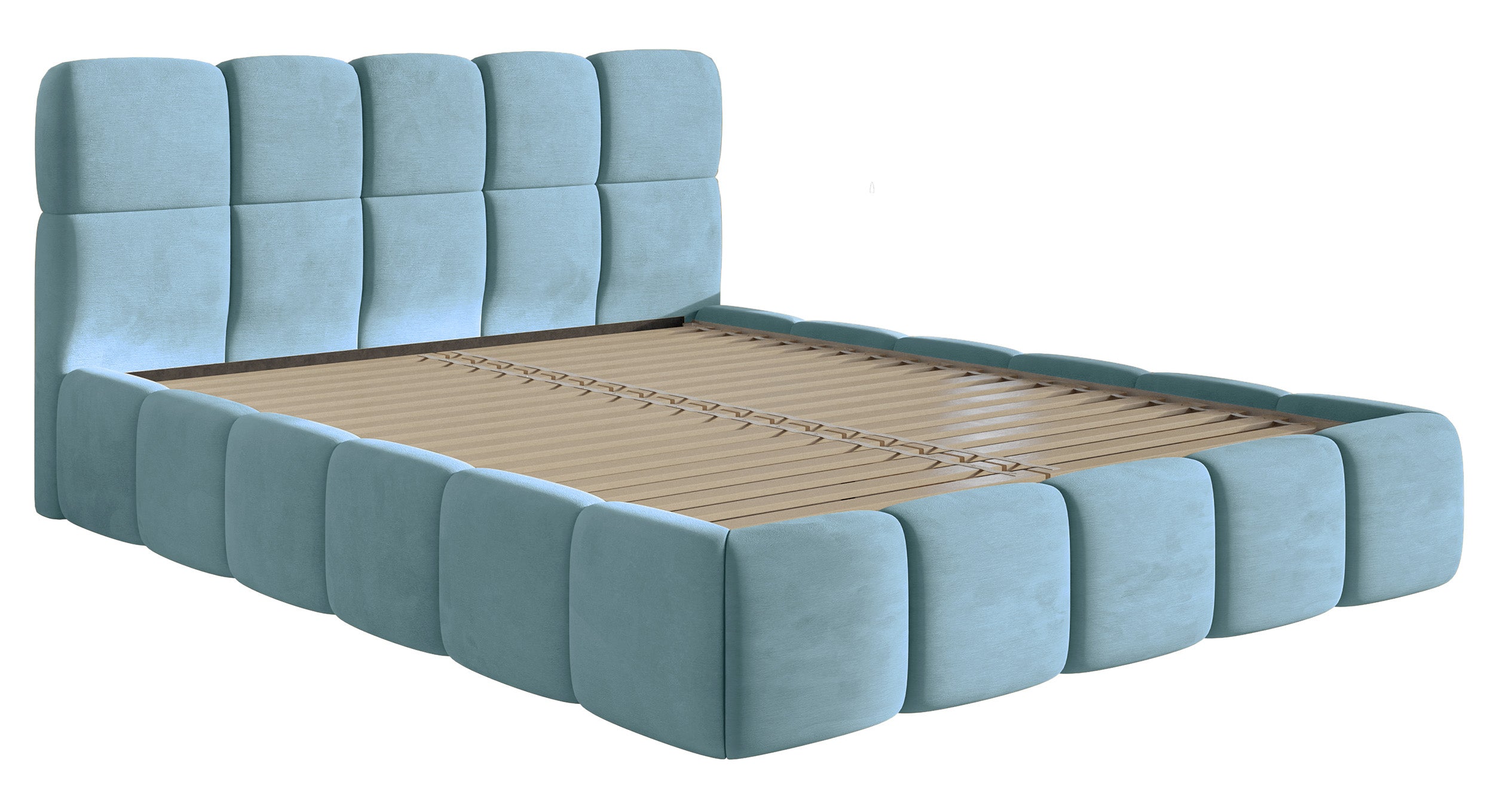 Gepolstertes Bett 120x200 cm Cloudy, hellblauer Velours, wasserabweisend und pflegeleicht