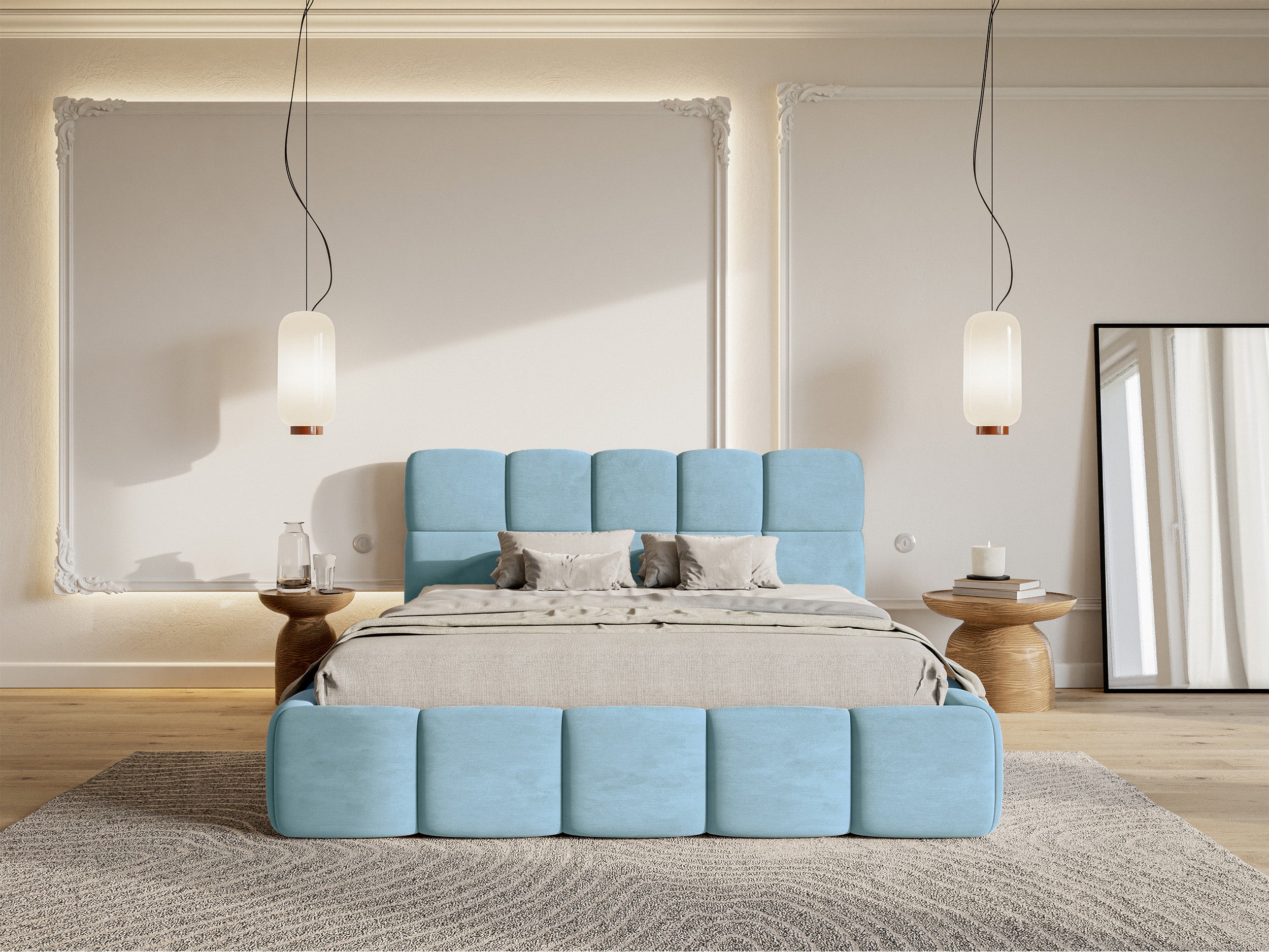 Gepolstertes Bett 120x200 cm Cloudy, hellblauer Velours, wasserabweisend und pflegeleicht