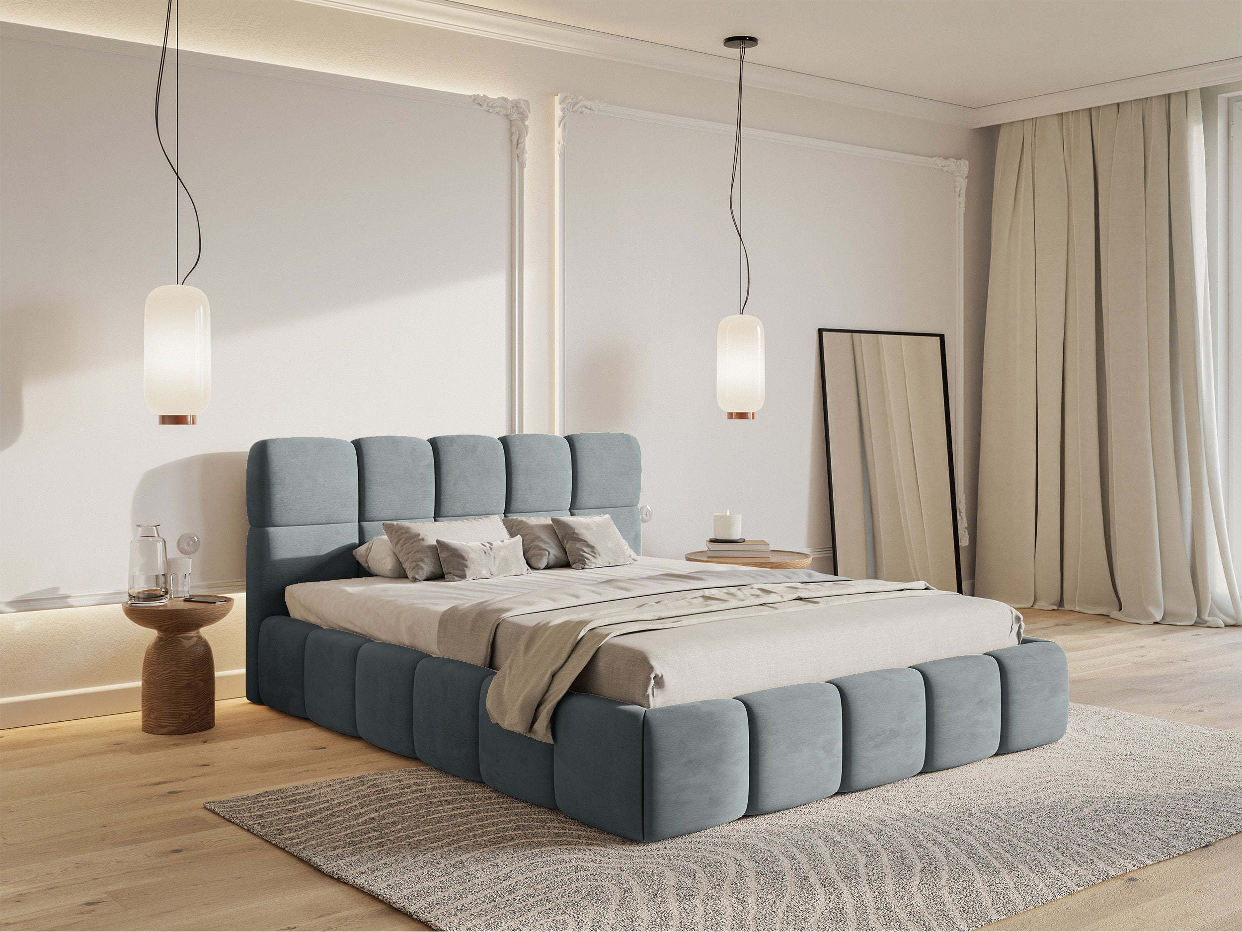 Gepolstertes Bett 120x200 cm Cloudy mit Stauraum, Metallrahmen, grauer Veloursstoff, wasserabweisend und pflegeleicht