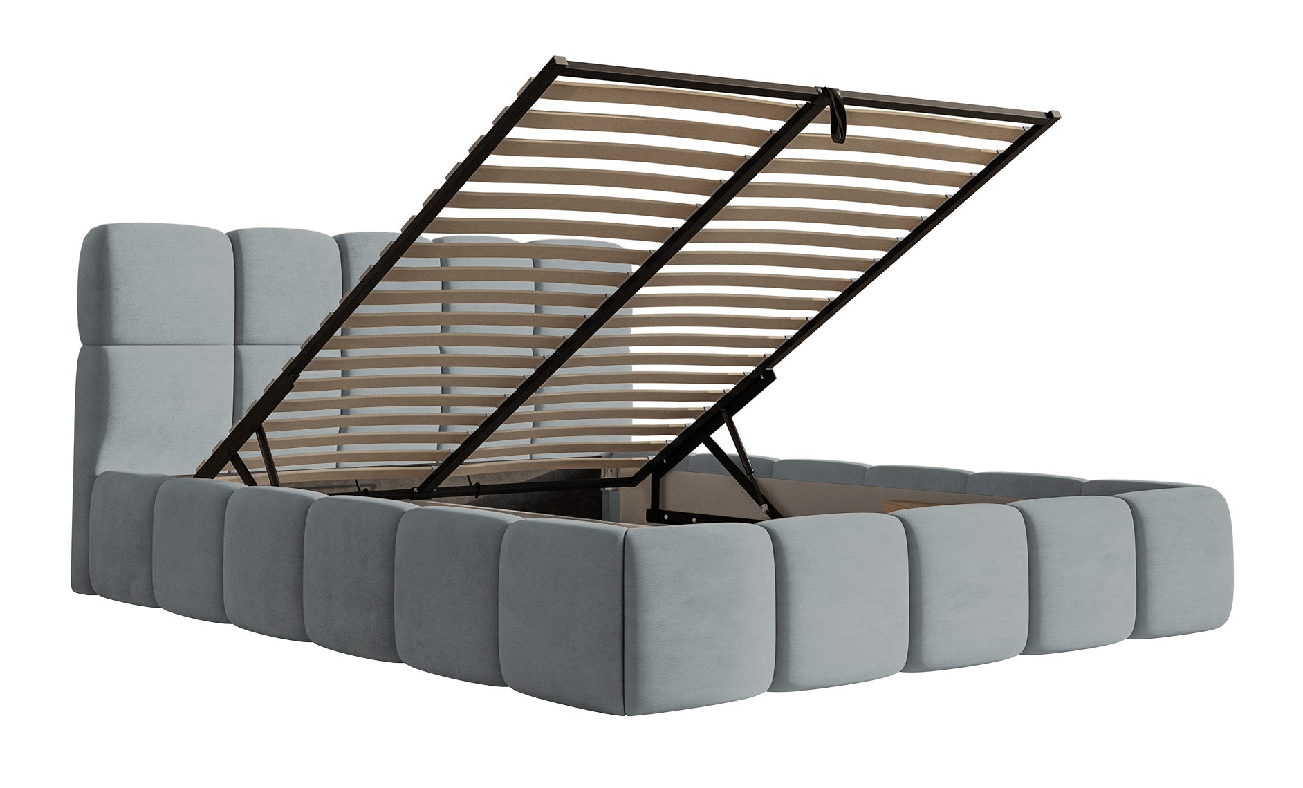 Gepolstertes Bett 120x200 cm Cloudy mit Stauraum, Metallrahmen, grauer Veloursstoff, wasserabweisend und pflegeleicht
