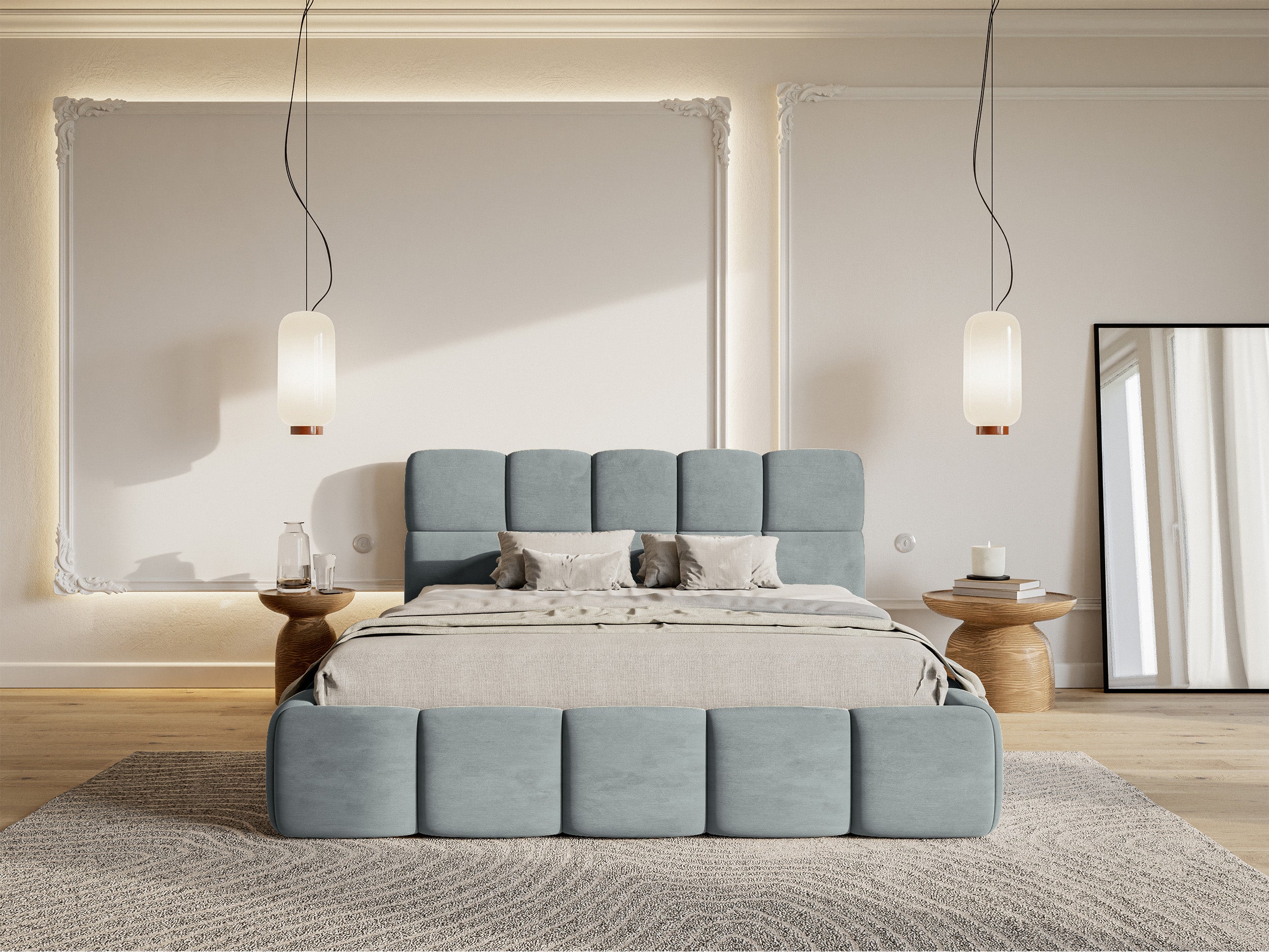 Gepolstertes Bett 120x200 cm Cloudy mit Stauraum, Metallrahmen, grauer Veloursstoff, wasserabweisend und pflegeleicht