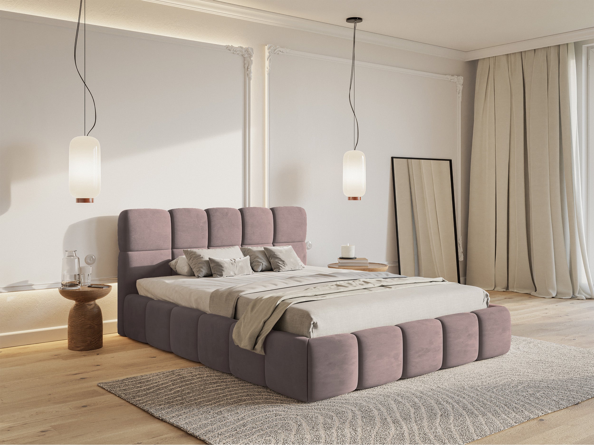 Gepolstertes Bett 120x200 cm Cloudy mit Stauraum, Metallrahmen, hellrosa Velours, wasserabweisend und leicht zu reinigen