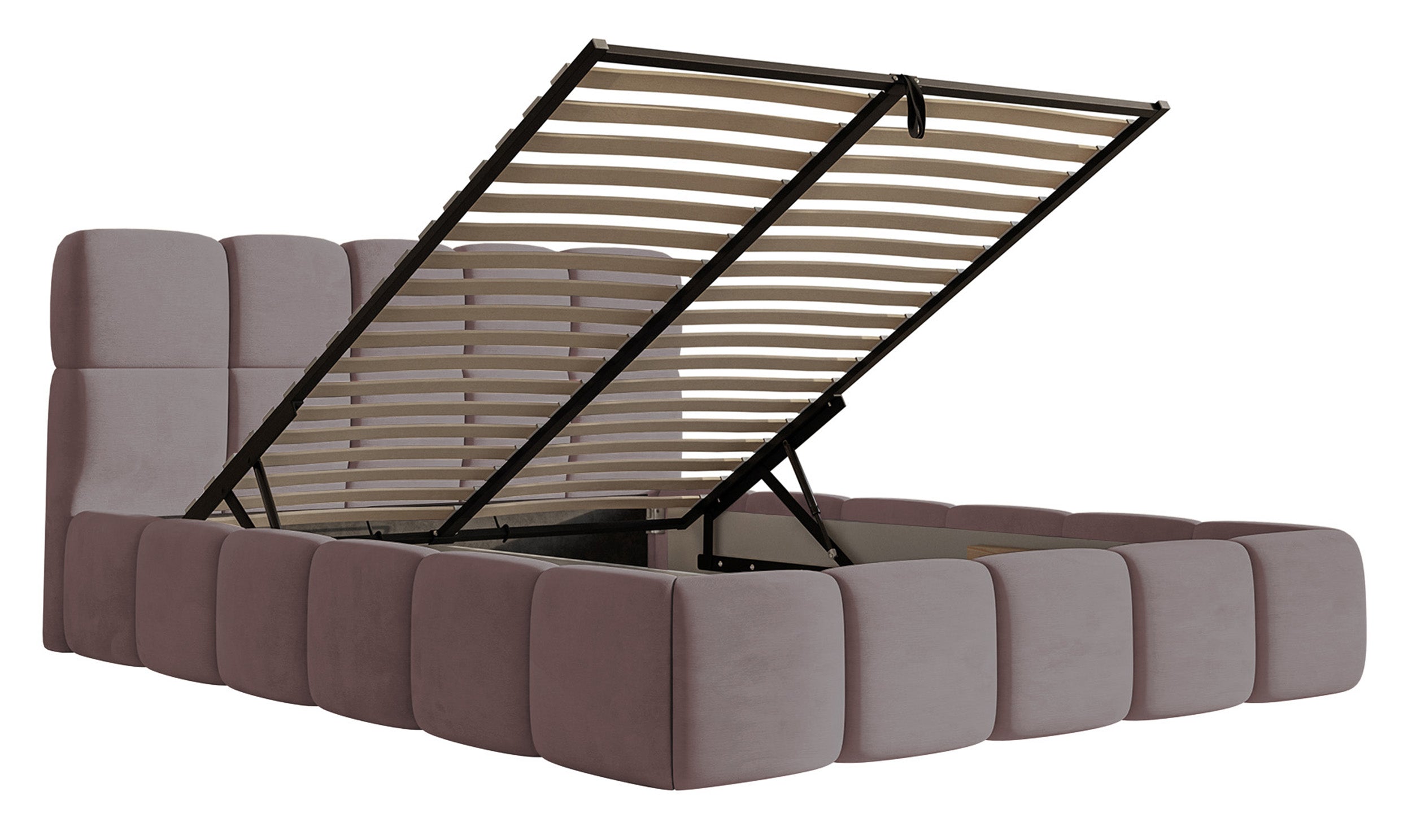 Gepolstertes Bett 120x200 cm Cloudy mit Stauraum, Metallrahmen, hellrosa Velours, wasserabweisend und leicht zu reinigen