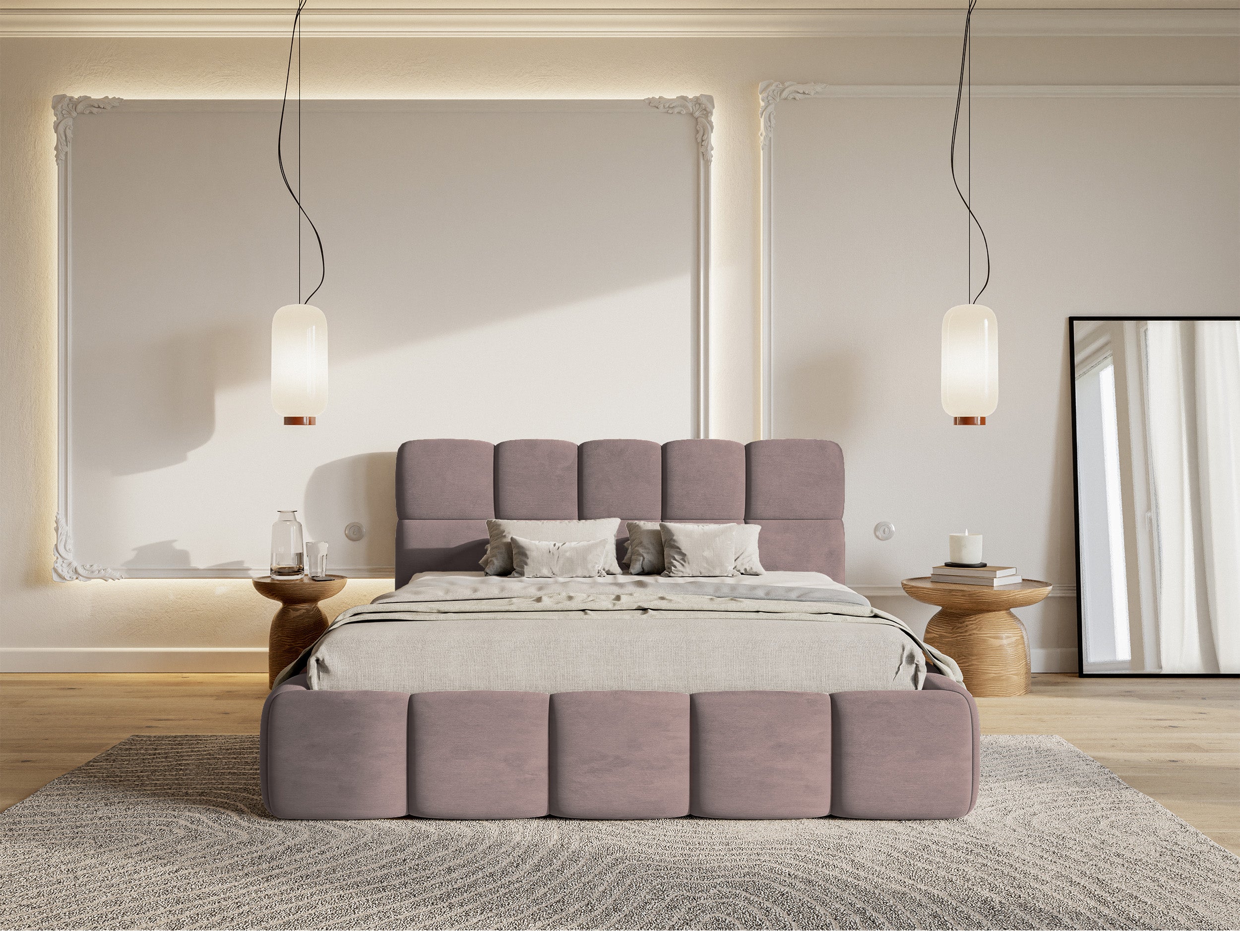 Gepolstertes Bett 120x200 cm Cloudy hellrosa Velours, wasserabweisend und pflegeleicht